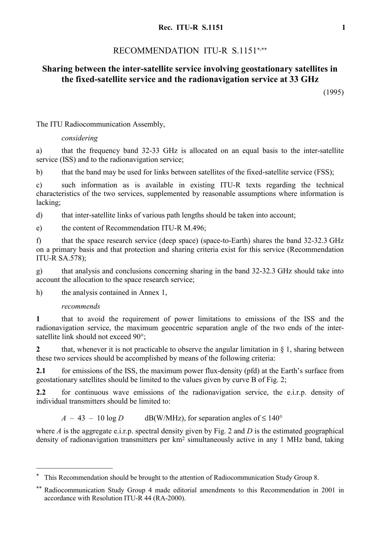 ITU-R RECOMMENDATION S.1151 (10-1995) Sharing between the inter-satellite service involving geostationary satellites in the fixed-satellite service and the radionavigation service at 33 GHz by International Telecommunication Union