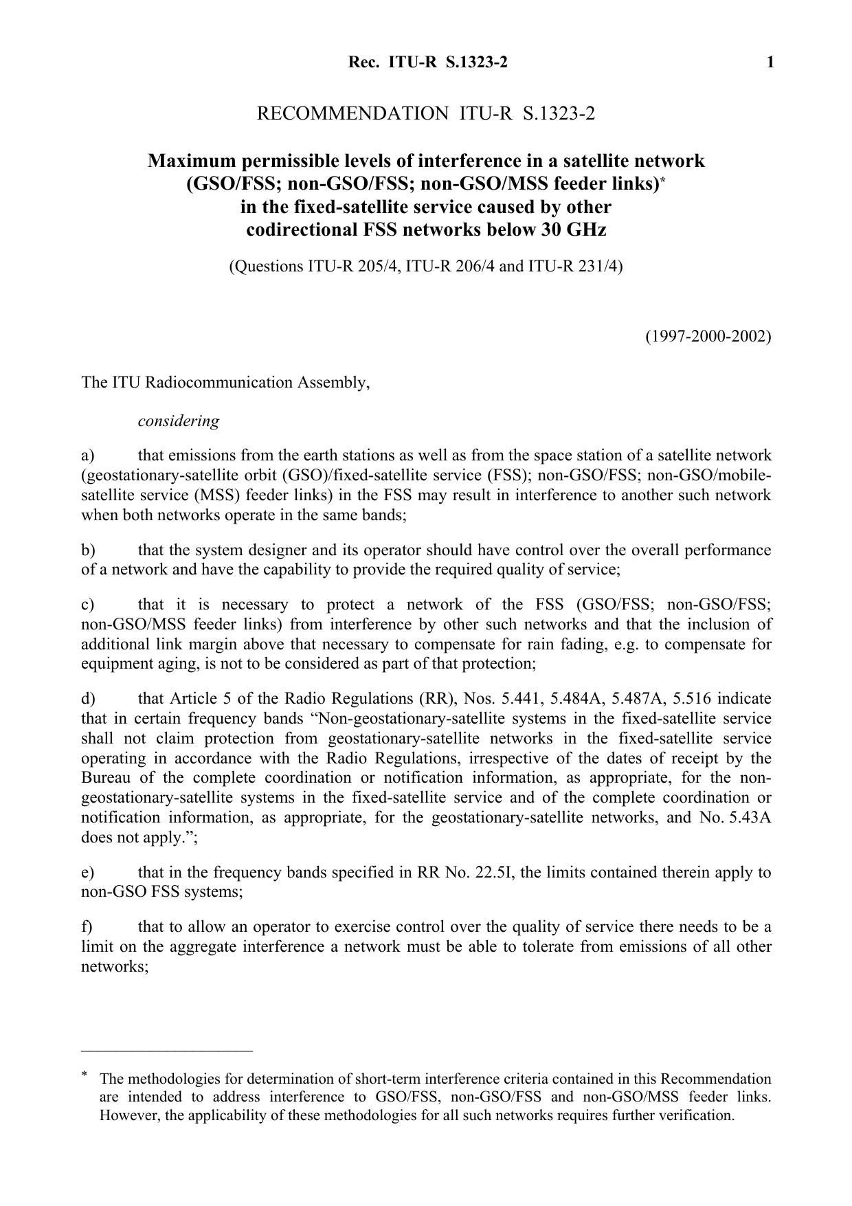 ITU-R RECOMMENDATION S.1323-2 (09-2002) Maximum permissible levels of interference in a satellite network (GSOFSS; non-GSOFSS; non-GSOMSS feeder links) in the fixed-satellite servi by International Telecommunication Union