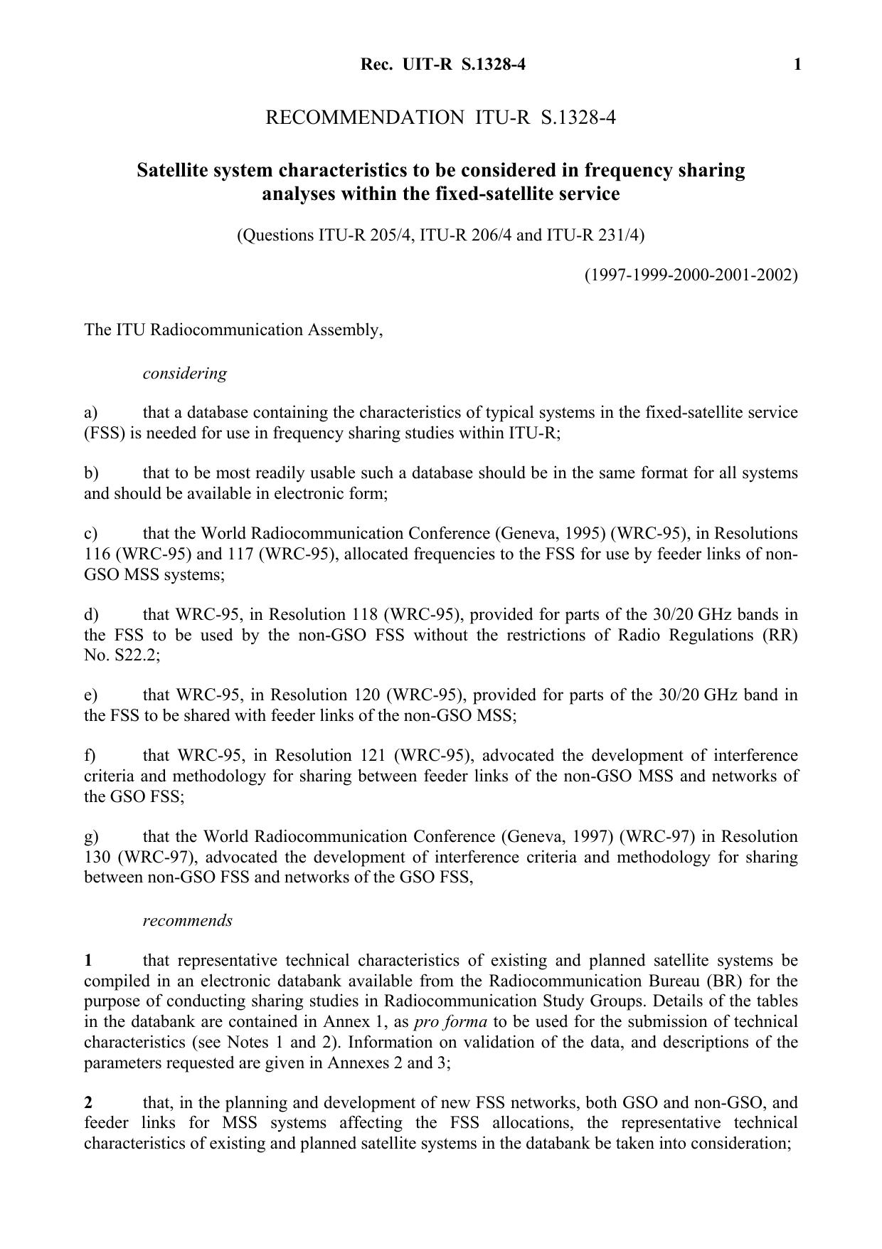 ITU-R RECOMMENDATION S.1328-4 (09-2002) Satellite system characteristics to be considered in frequency sharing analyses within the fixed-satellite service by International Telecommunication Union