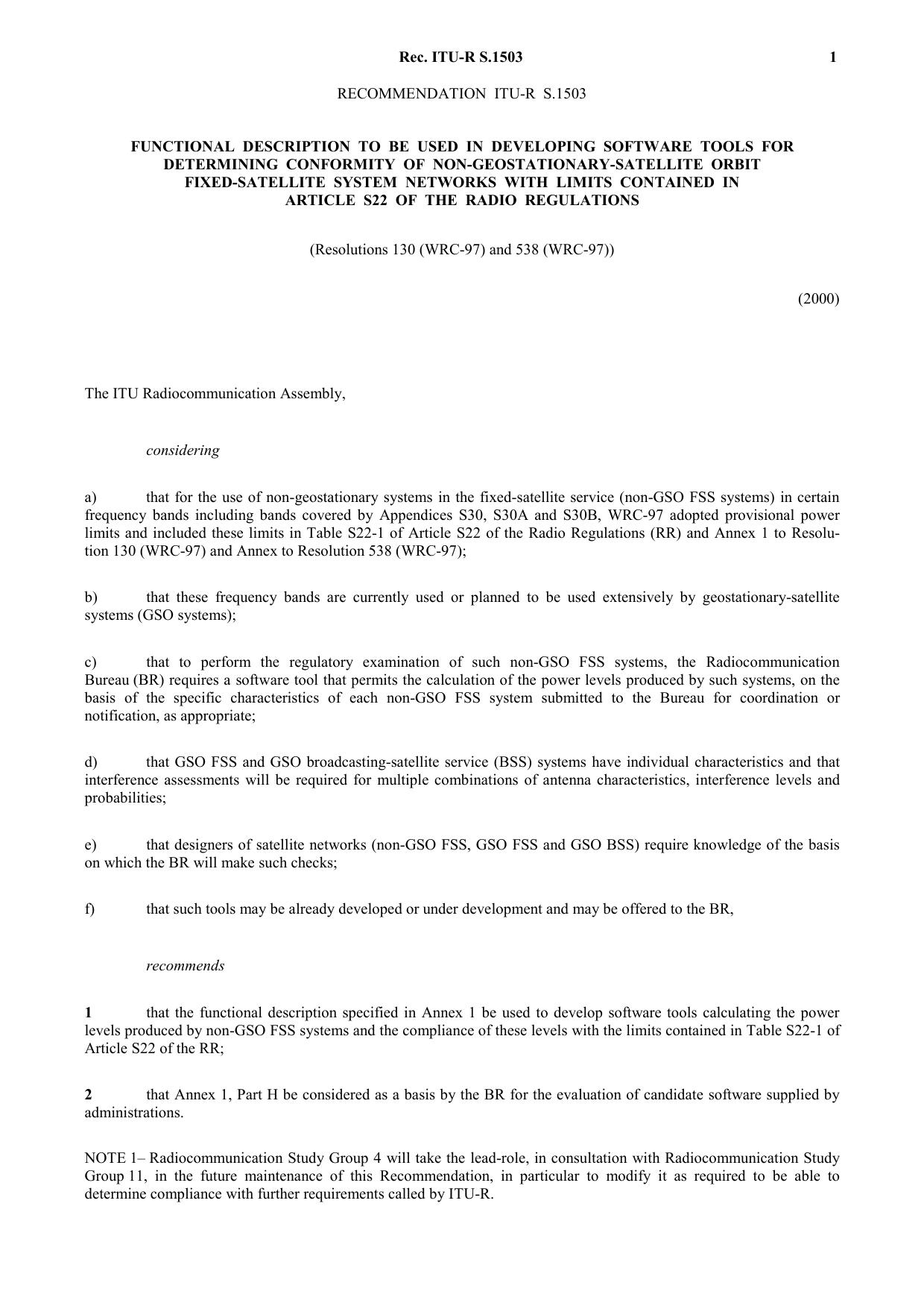 ITU-R RECOMMENDATION S.1503 (05-2000) Functional description to be used in developing software tools for determining conformity of non-geostationary-satellite orbit fixed-satellite by International Telecommunication Union