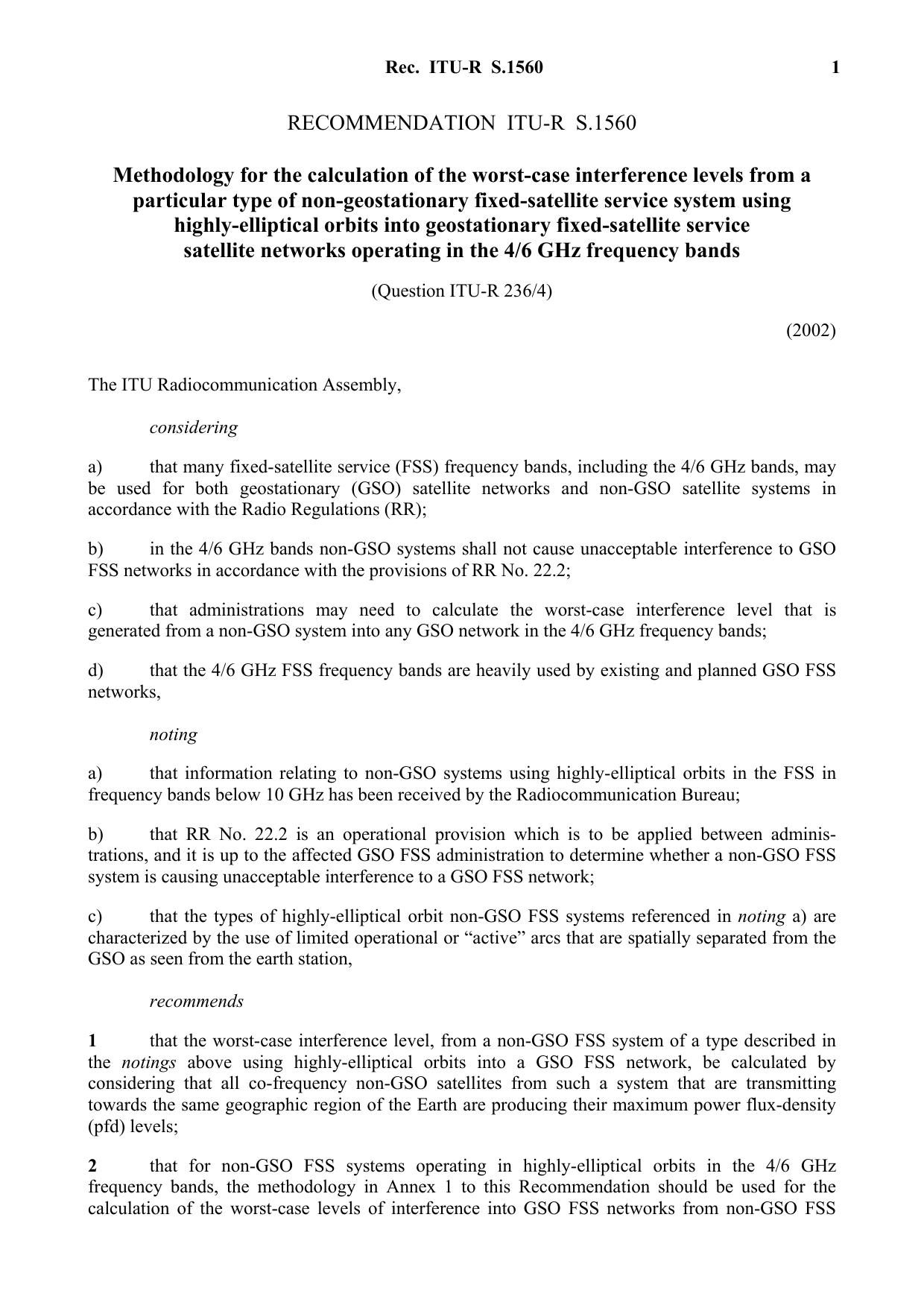 ITU-R RECOMMENDATION S.1560 (03-2002) Methodology for the calculation of the worst-case interference levels from a particular type of non-geostationary fixed-satellite service syst by International Telecommunication Union