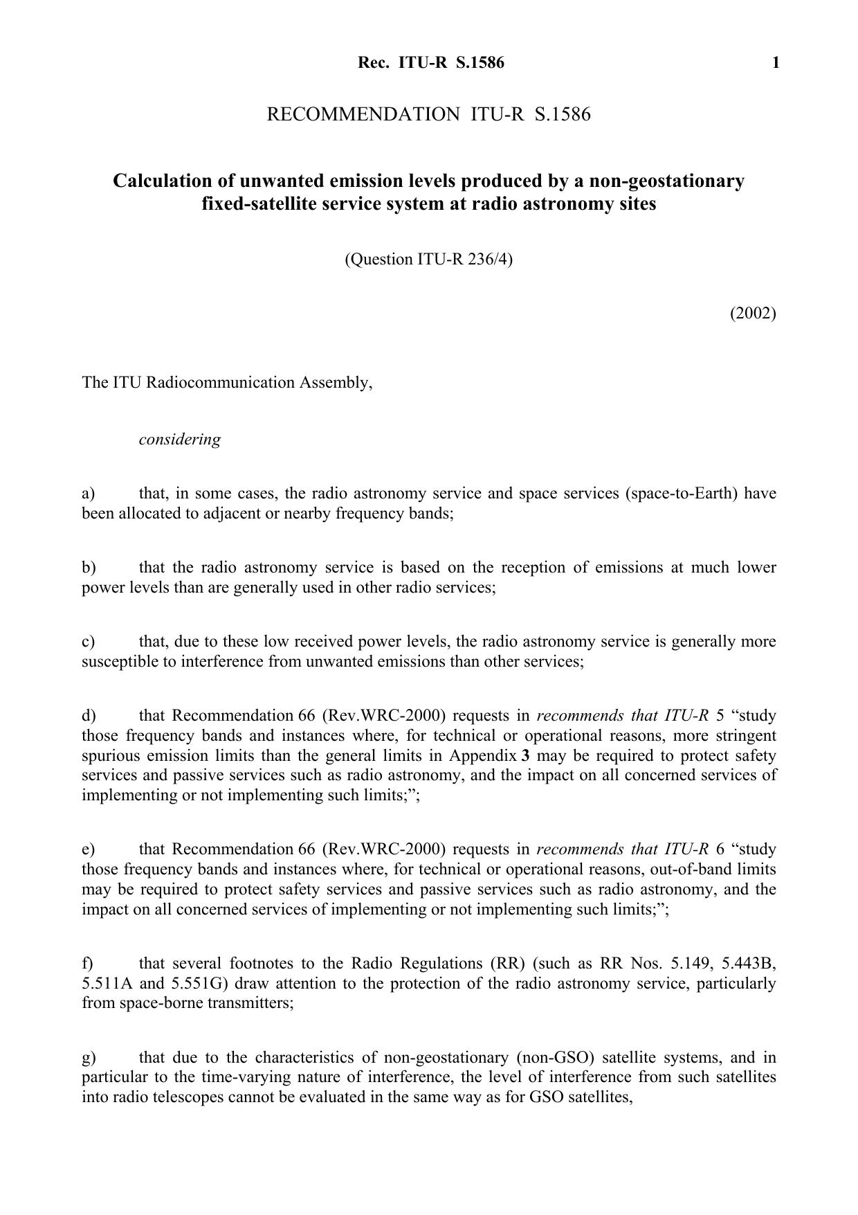 ITU-R RECOMMENDATION S.1586 (09-2002) Calculation of unwanted emission levels produced by a non-geostationary fixed-satellite service system at radio astronomy sites by International Telecommunication Union