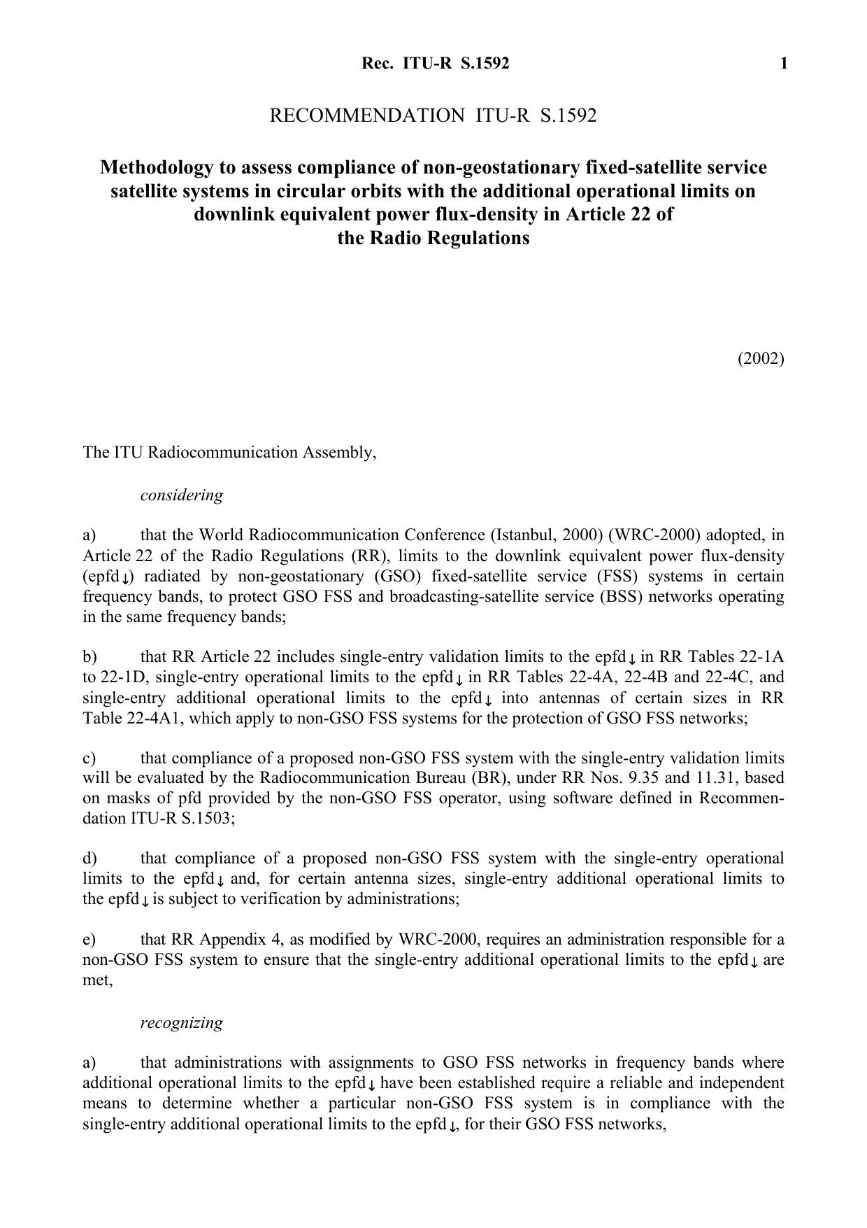 ITU-R RECOMMENDATION S.1592 (09-2002) Methodology to assess compliance of non-geostationary fixed-satellite service satellite systems in circular orbits with the additional operati by International Telecommunication Union