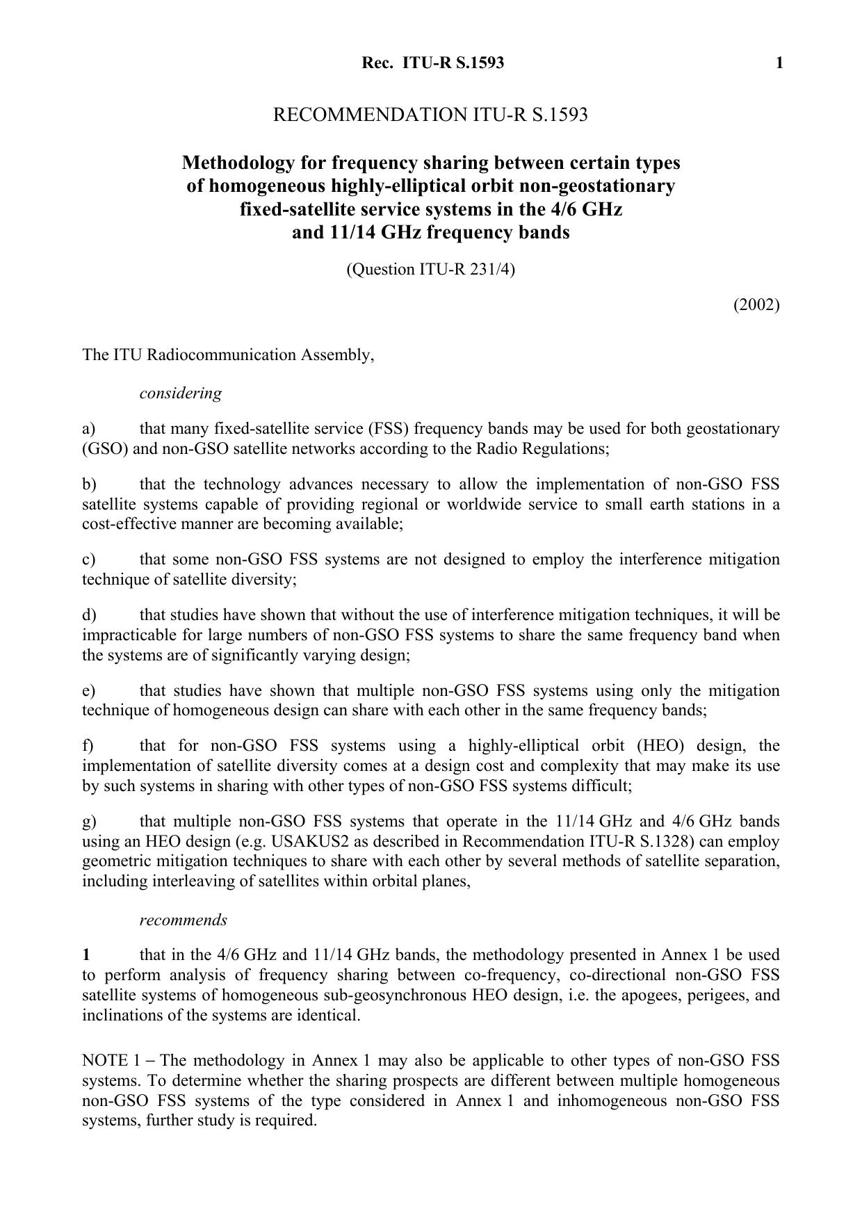 ITU-R RECOMMENDATION S.1593 (09-2002) Methodology for frequency sharing between certain types of homogeneous highly-elliptical orbit non-geostationary fixed-satellite service syste by International Telecommunication Union