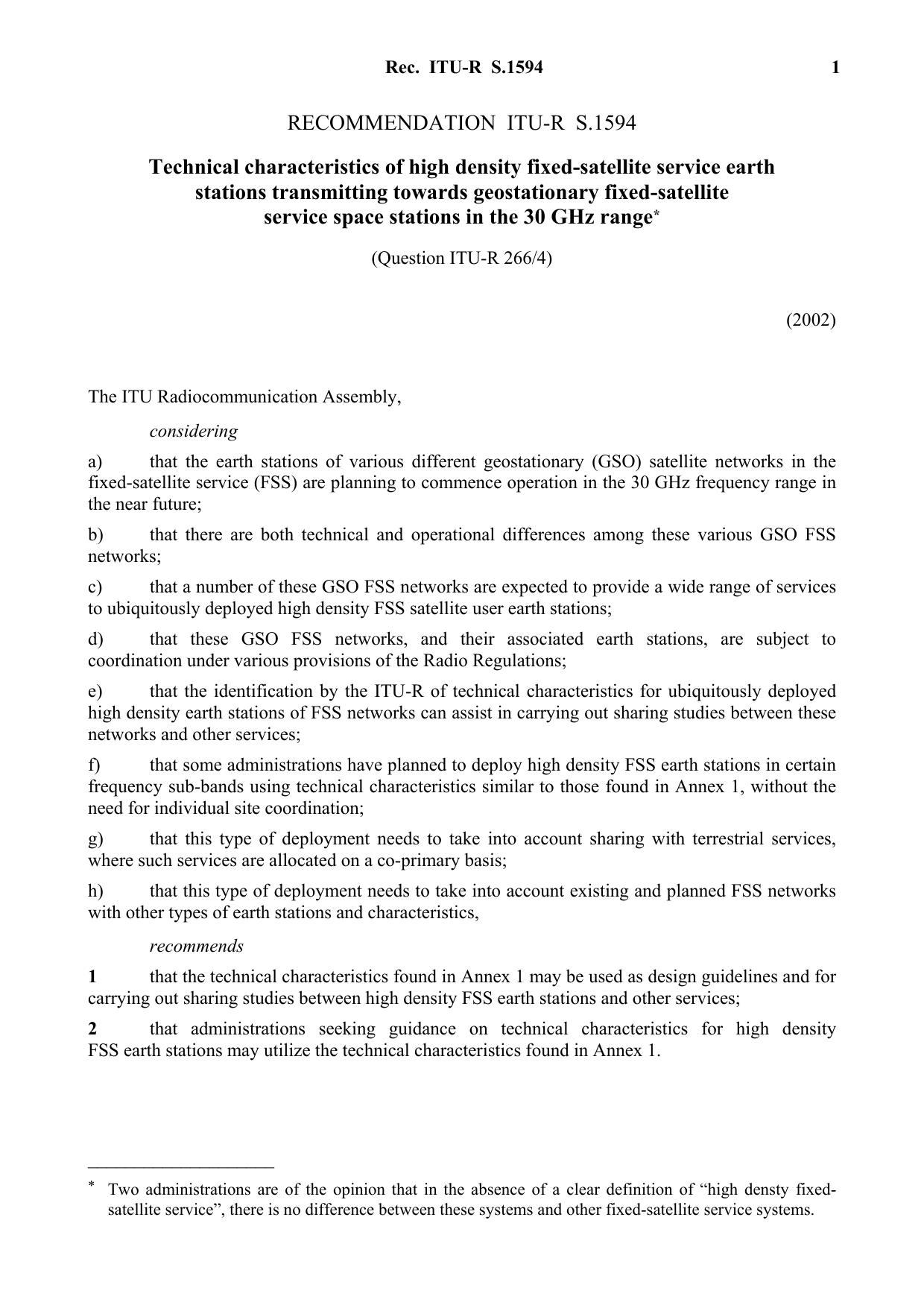 ITU-R RECOMMENDATION S.1594 (09-2002) Technical characteristics of high density fixed-satellite service earth stations transmitting towards geostationary fixed-satellite service sp by International Telecommunication Union