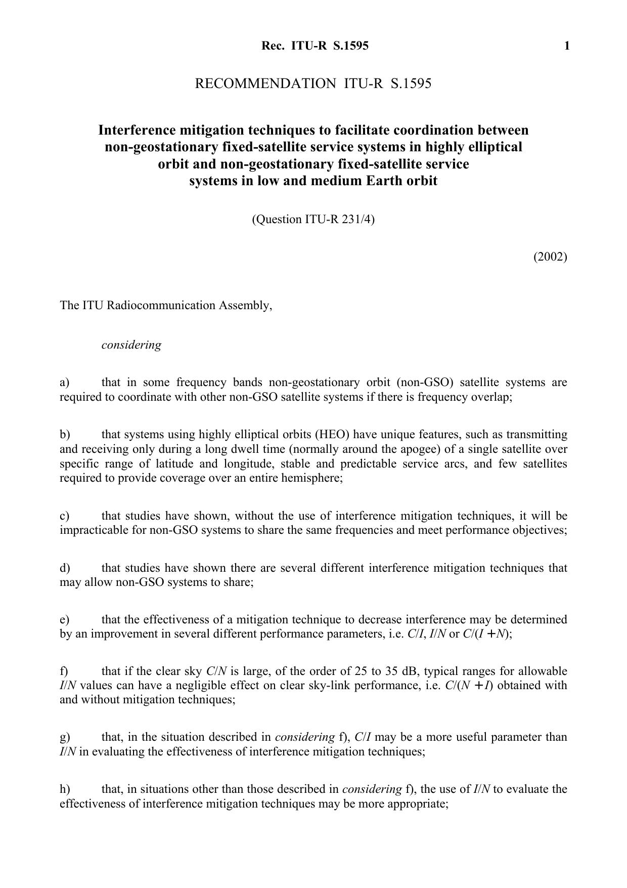 ITU-R RECOMMENDATION S.1595 (09-2002) Interference mitigation techniques to facilitate coordination between non-geostationary fixed-satellite service systems in highly elliptical o by International Telecommunication Union