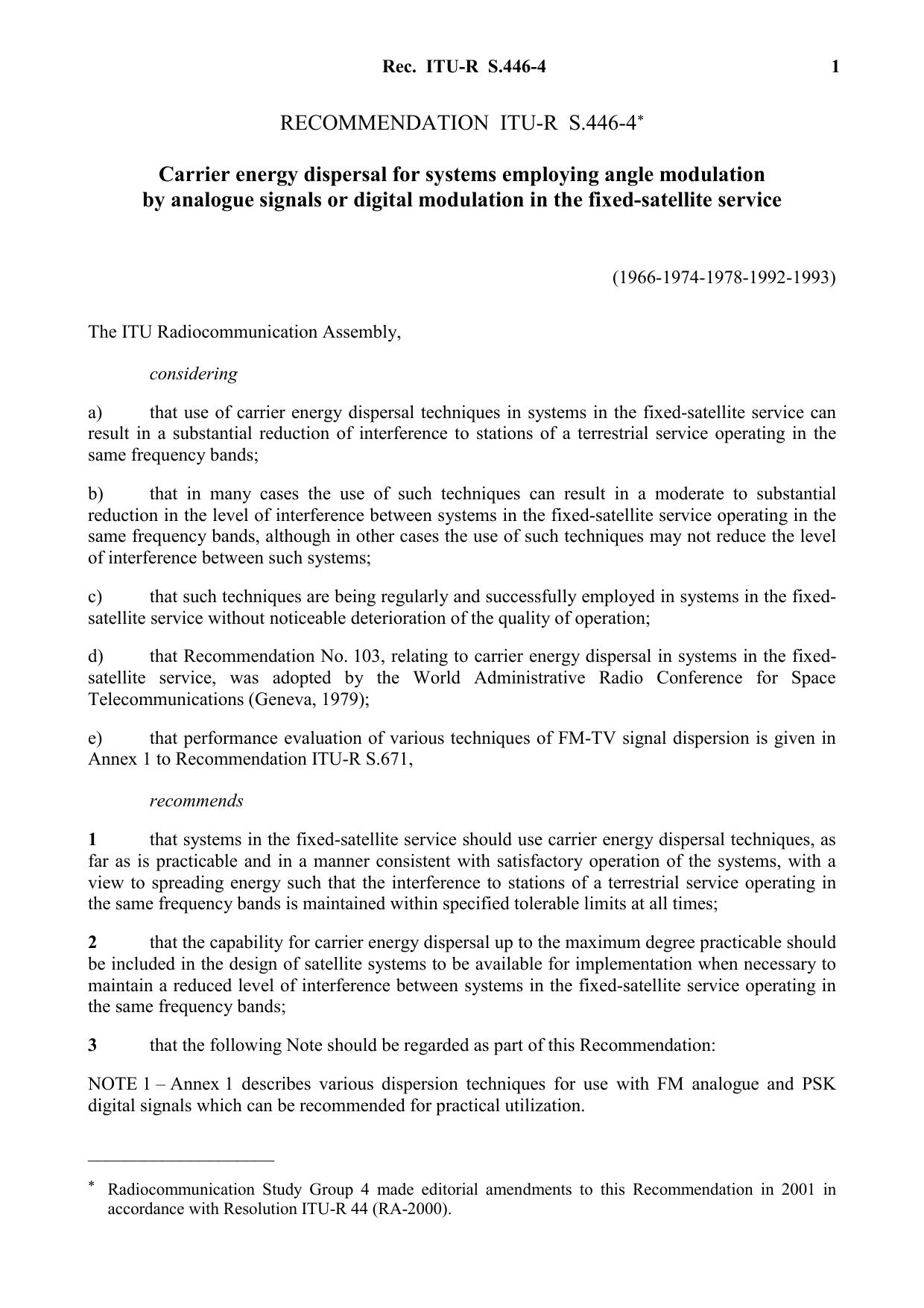 ITU-R RECOMMENDATION S.446-4 (04-1993) Carrier energy dispersal for systems employing angle modulation by analogue signals or digital modulation in the fixed-satellite service by International Telecommunication Union
