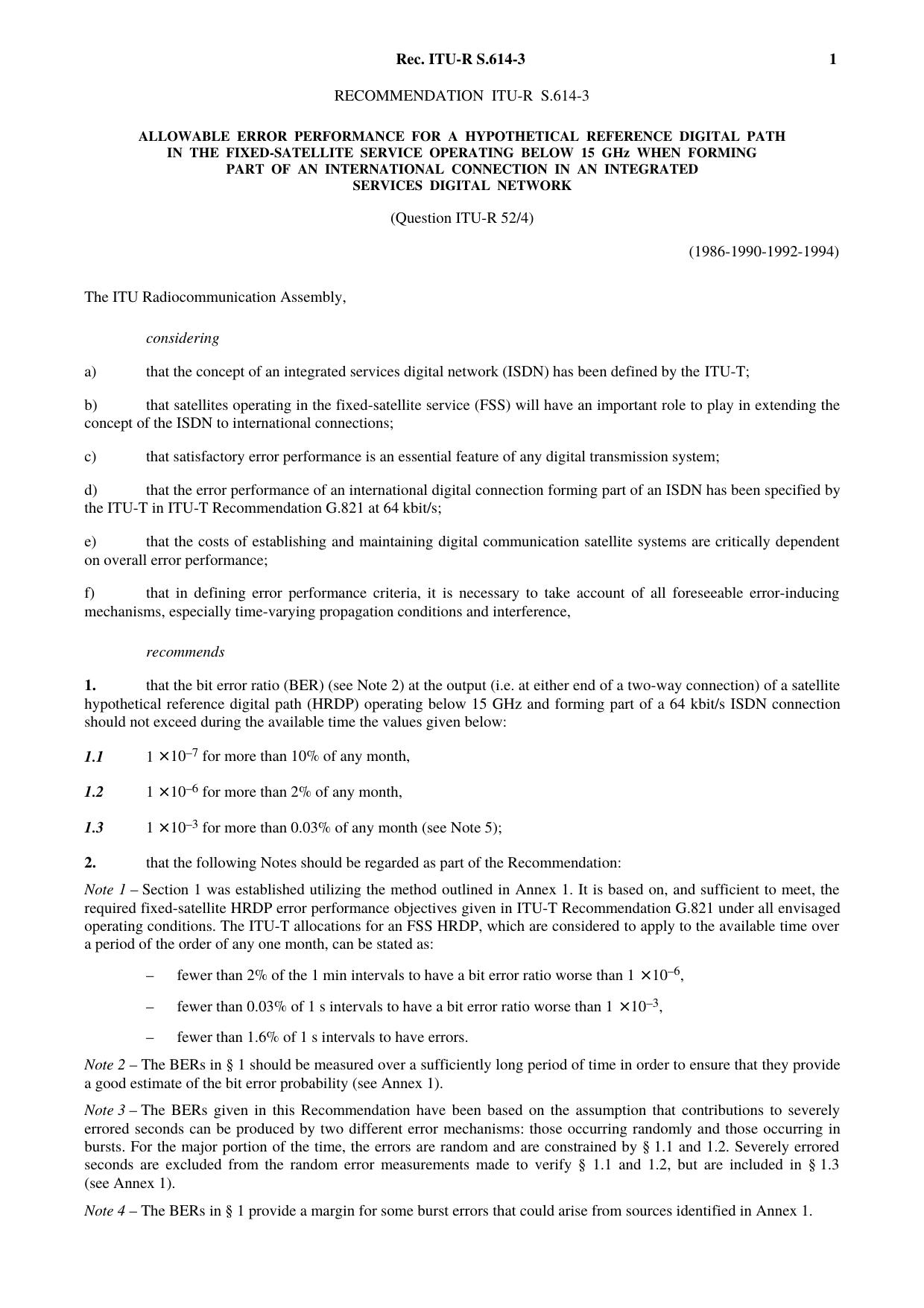 ITU-R RECOMMENDATION S.614-3 (09-1994) Allowable error performance for a hypothetical reference digital path in the fixed-satellite service operating below 15 GHz when forming part by International Telecommunication Union