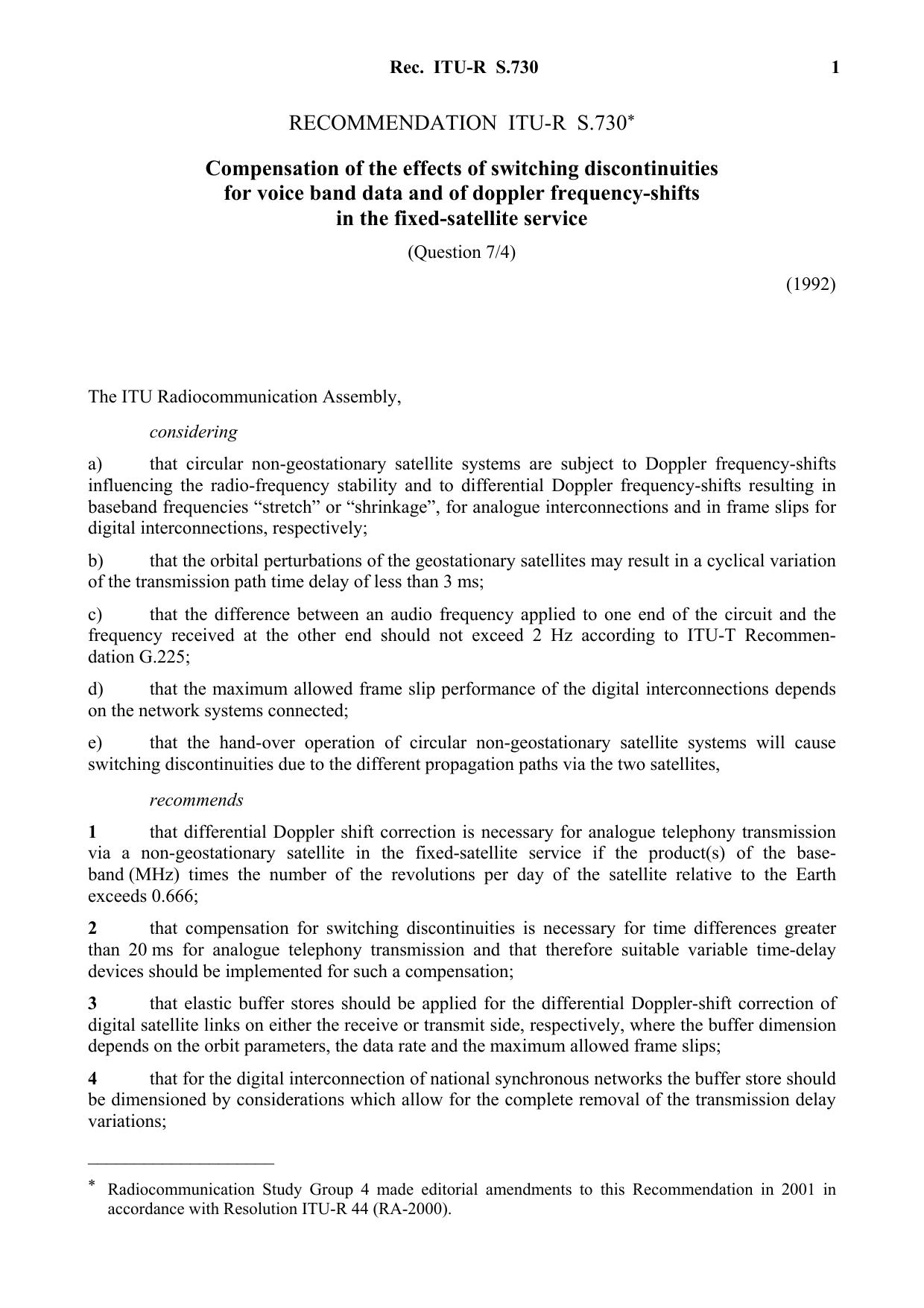 ITU-R RECOMMENDATION S.730 (03-1992) Compensation of the effects of switching discontinuities for voice band data and of doppler frequency-shifts in the fixed-satellite service by International Telecommunication Union