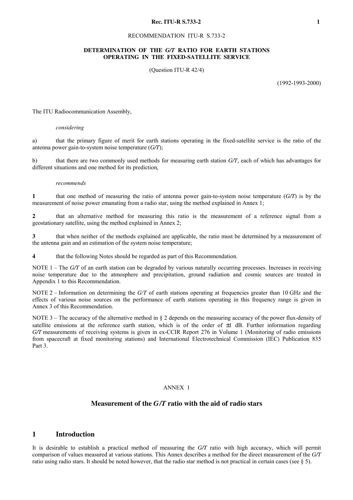 ITU-R RECOMMENDATION S.733-2 (01-2000) Determination of the GT ratio for Earth stations operating in the fixed-satellite service by International Telecommunication Union