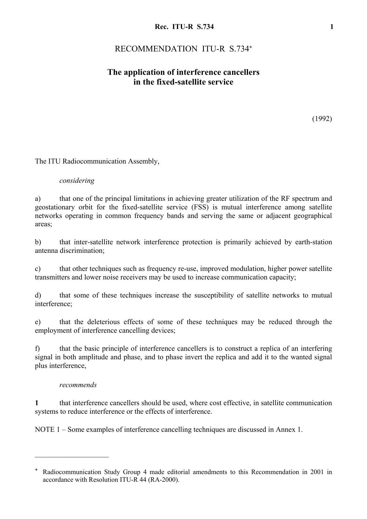 ITU-R RECOMMENDATION S.734 (03-1992) The application of interference cancellers in the fixed-satellite service by International Telecommunication Union