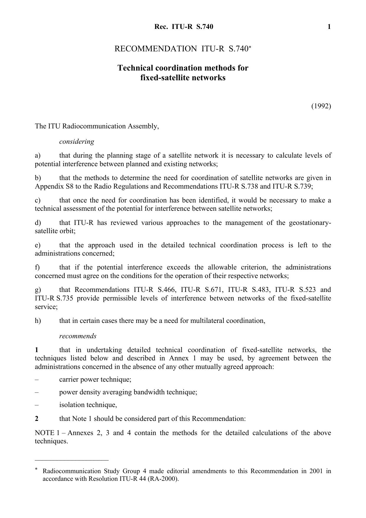 ITU-R RECOMMENDATION S.740 (03-1992) Technical coordination methods for fixed-satellite networks by International Telecommunication Union