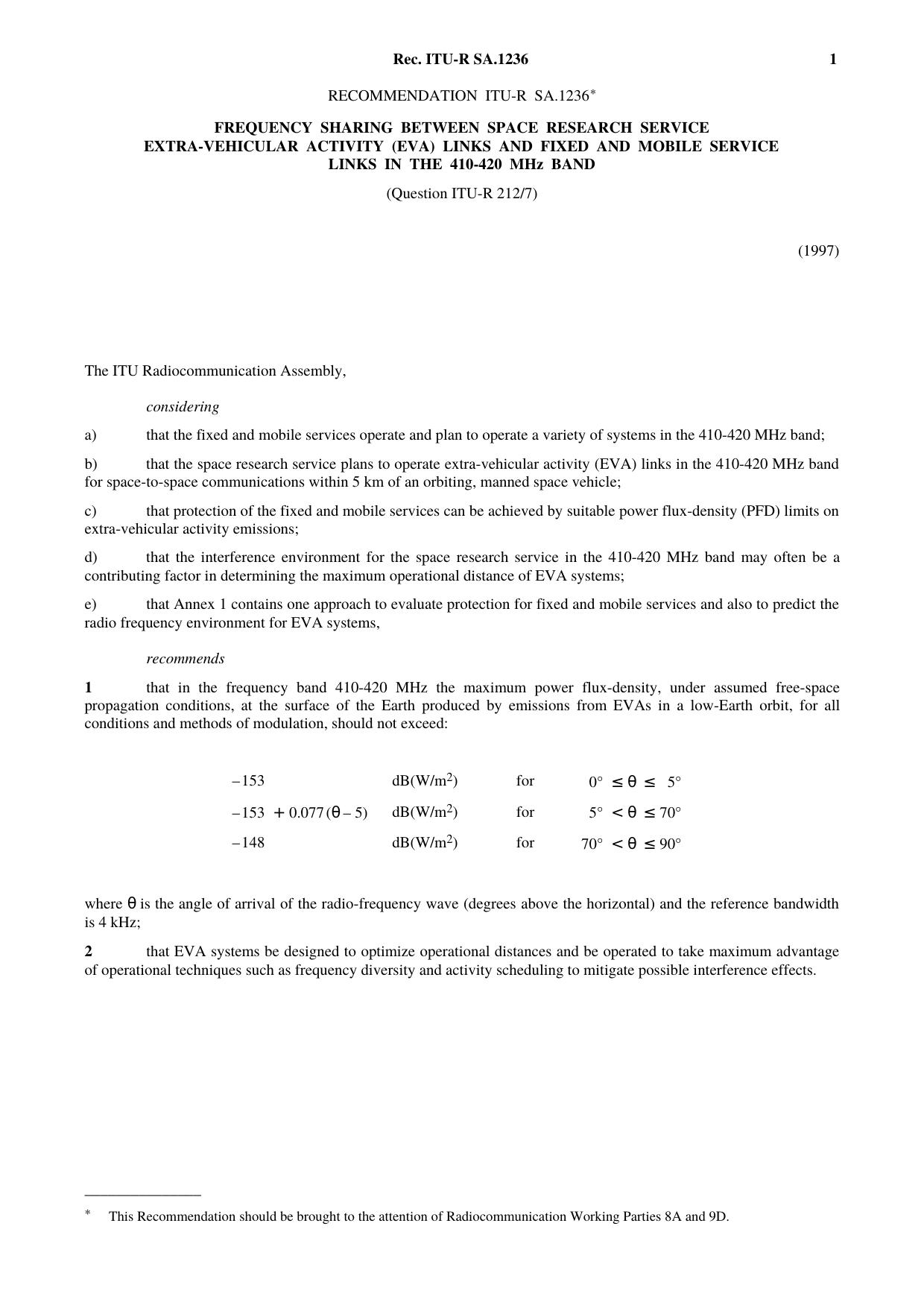 ITU-R RECOMMENDATION SA.1236 (02-1997) Frequency sharing between space research service extra-vehicular activity (EVA) links and fixed and mobile service links in the 410-420 MHz band by International Telecommunication Union