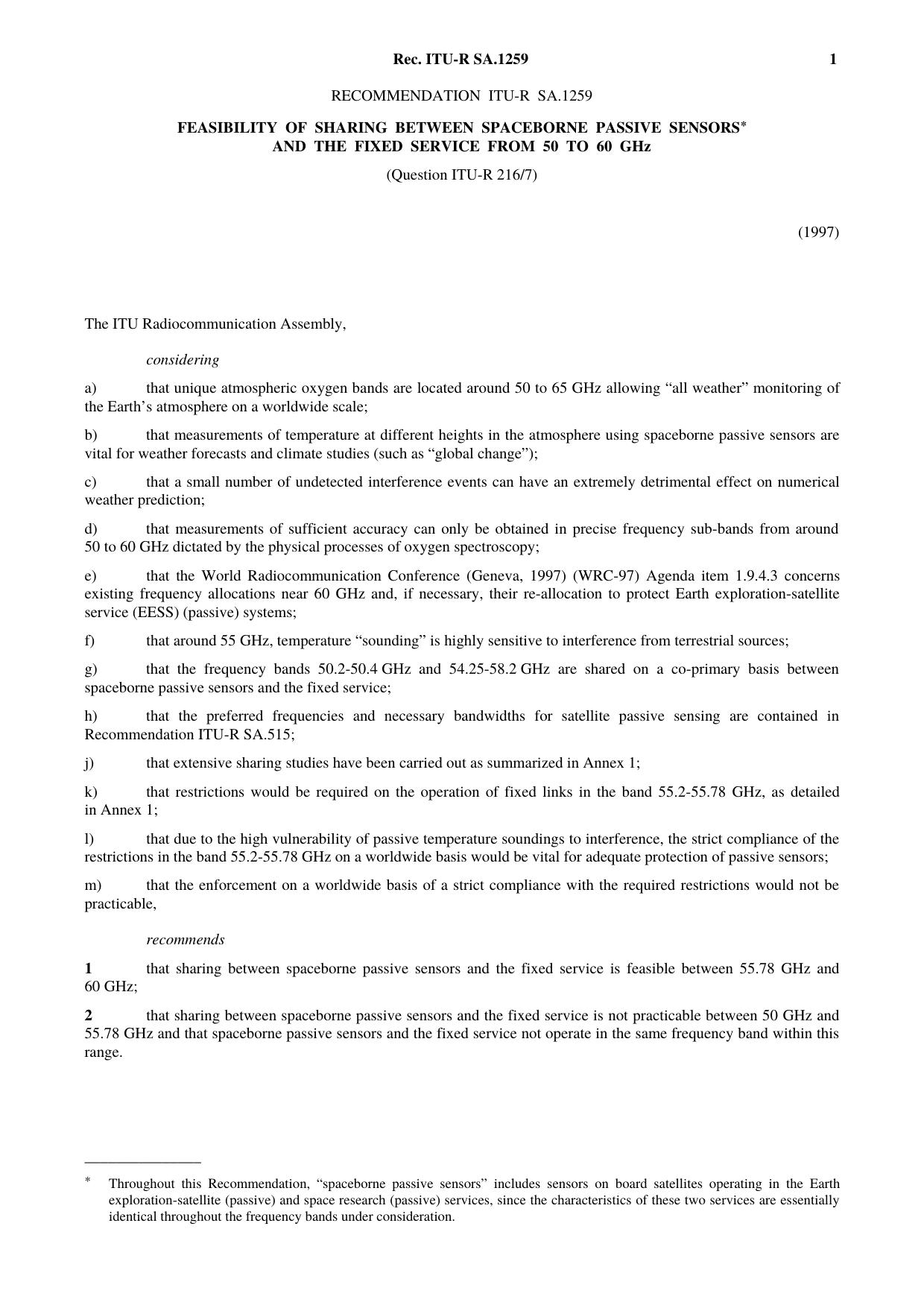 ITU-R RECOMMENDATION SA.1259 (06-1997) Feasibility of sharing between spaceborne passive sensors and the fixed service from 50 to 60 GHz by International Telecommunication Union