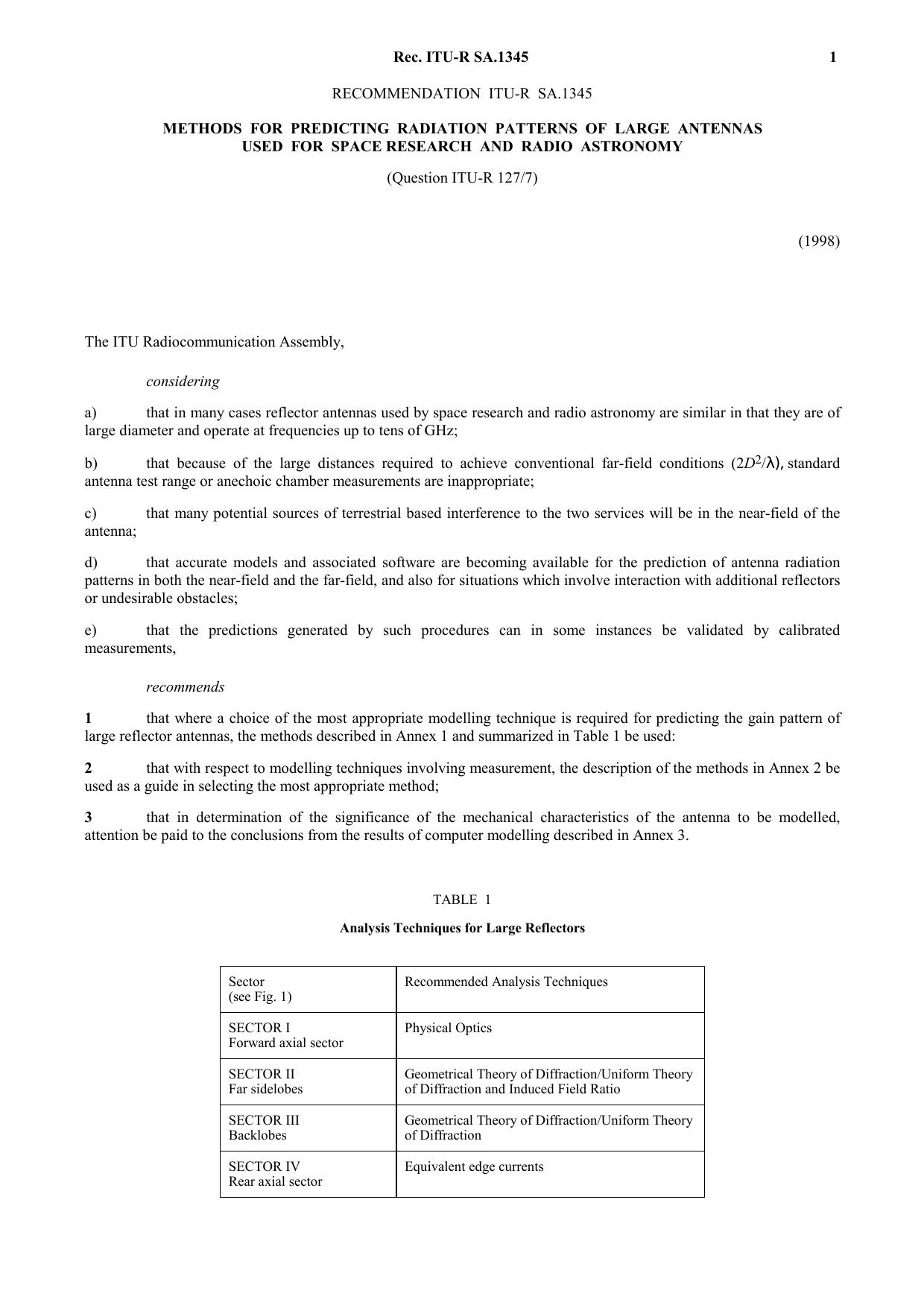ITU-R RECOMMENDATION SA.1345 (02-1998) Methods for predicting radiation patterns of large antennas used for space research and radio astronomy by International Telecommunication Union