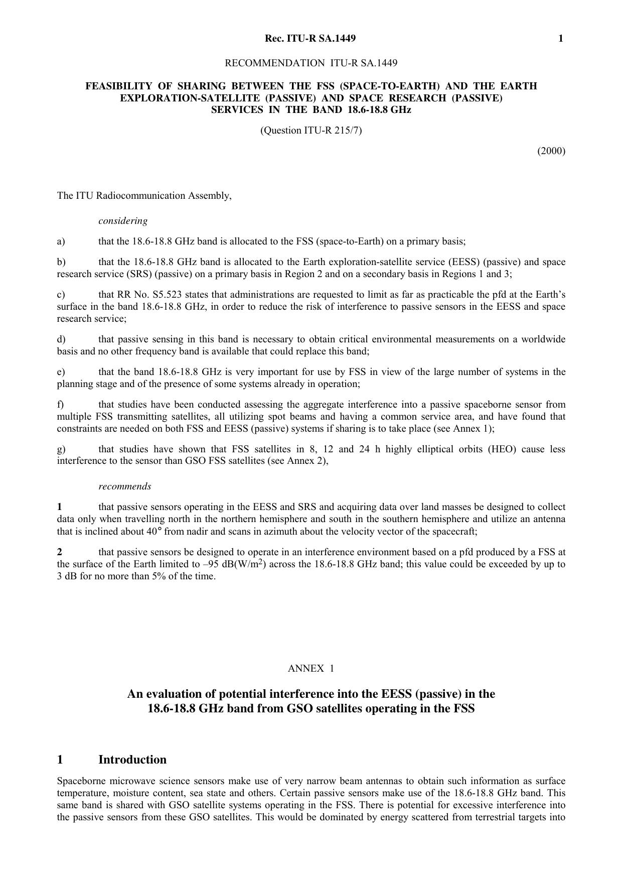 ITU-R RECOMMENDATION SA.1449 (05-2000) Feasibility of sharing between the fixed-satellite service (FSS) (space-to-Earth)and the Earth exploration-satellite (passive) and space rese by International Telecommunication Union