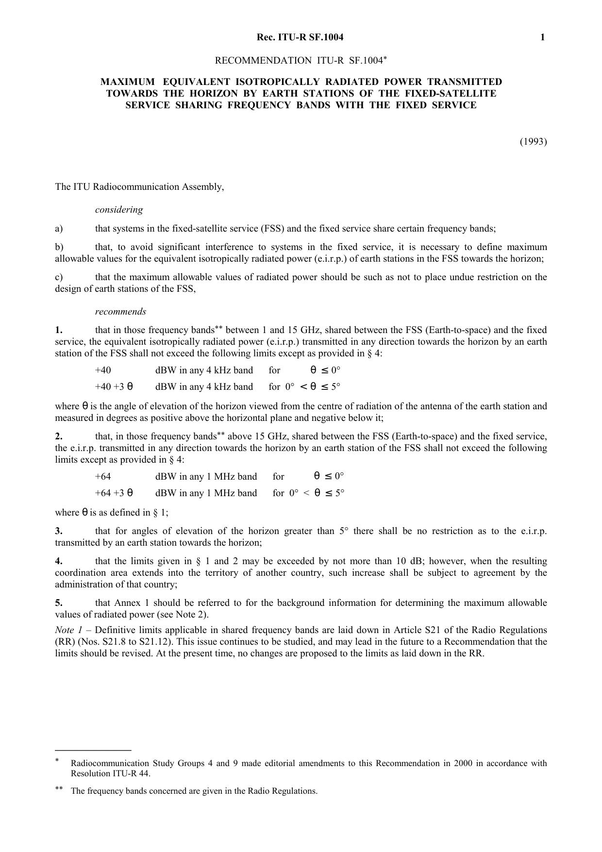 ITU-R RECOMMENDATION SF.1004 (04-1993) Maximum equivalent isotropically radiated power transmitted towards the horizon by earth stations of the fixed-satellite service sharing freq by International Telecommunication Union