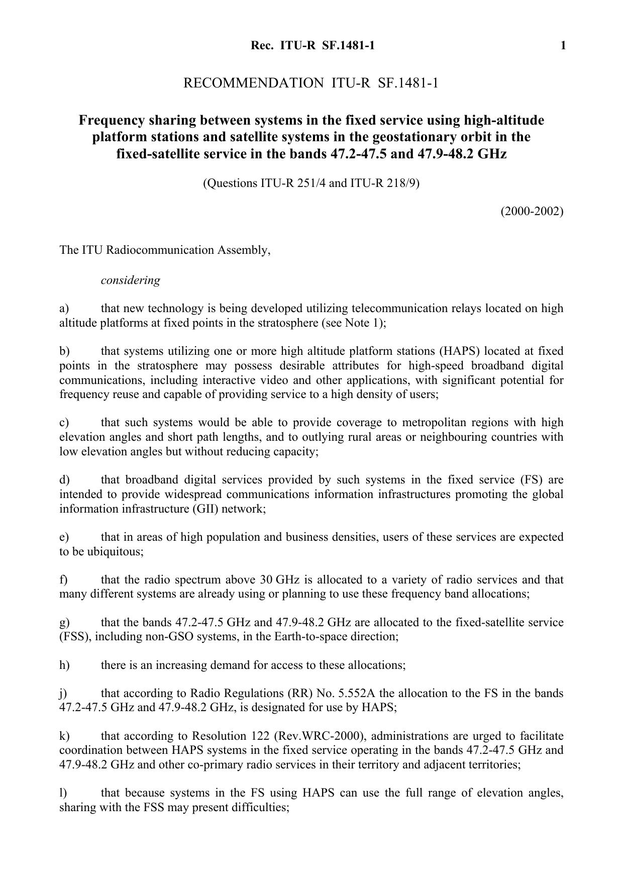 ITU-R RECOMMENDATION SF.1481-1 (02-2002) Frequency sharing between systems in the fixed service using high-altitude platform stations and satellite systems in the geostationary orb by International Telecommunication Union