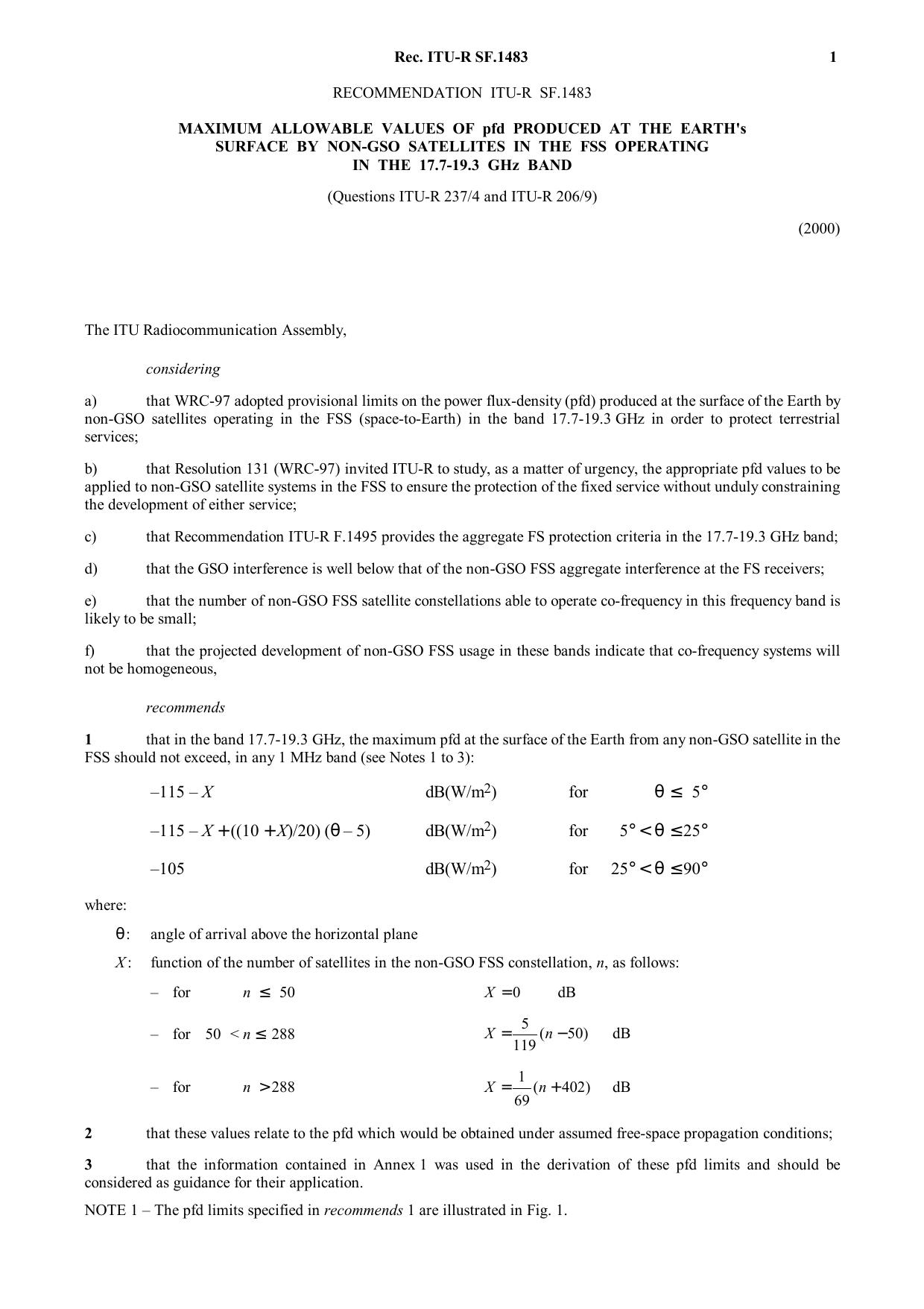 ITU-R RECOMMENDATION SF.1483 (05-2000) Maximum allowable values of power flux-density (pfd) produced at the Earth's surface by non-GSO satellites in the fixed-satellite service (FS by International Telecommunication Union