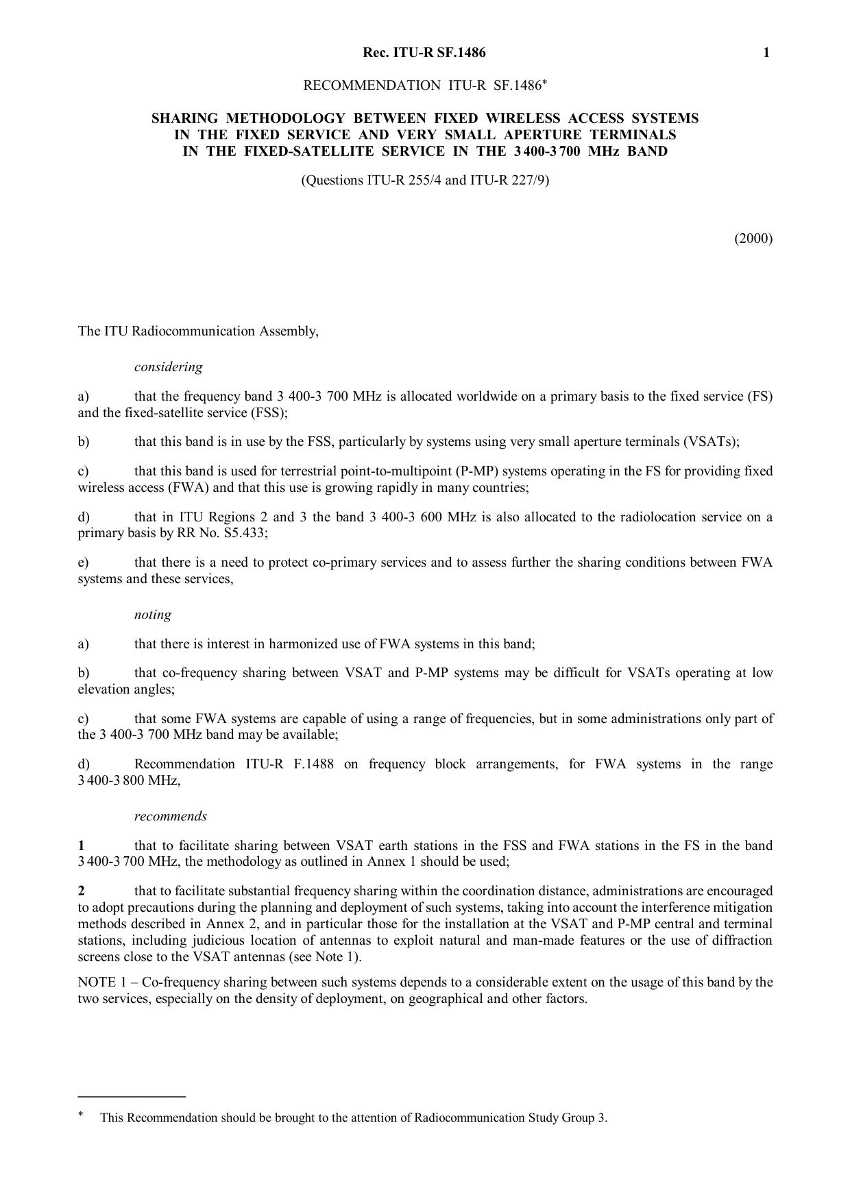 ITU-R RECOMMENDATION SF.1486 (05-2000) Sharing methodology between fixed wireless access systems in the fixed service and very small aperture terminals in the fixed-satellite servi by International Telecommunication Union