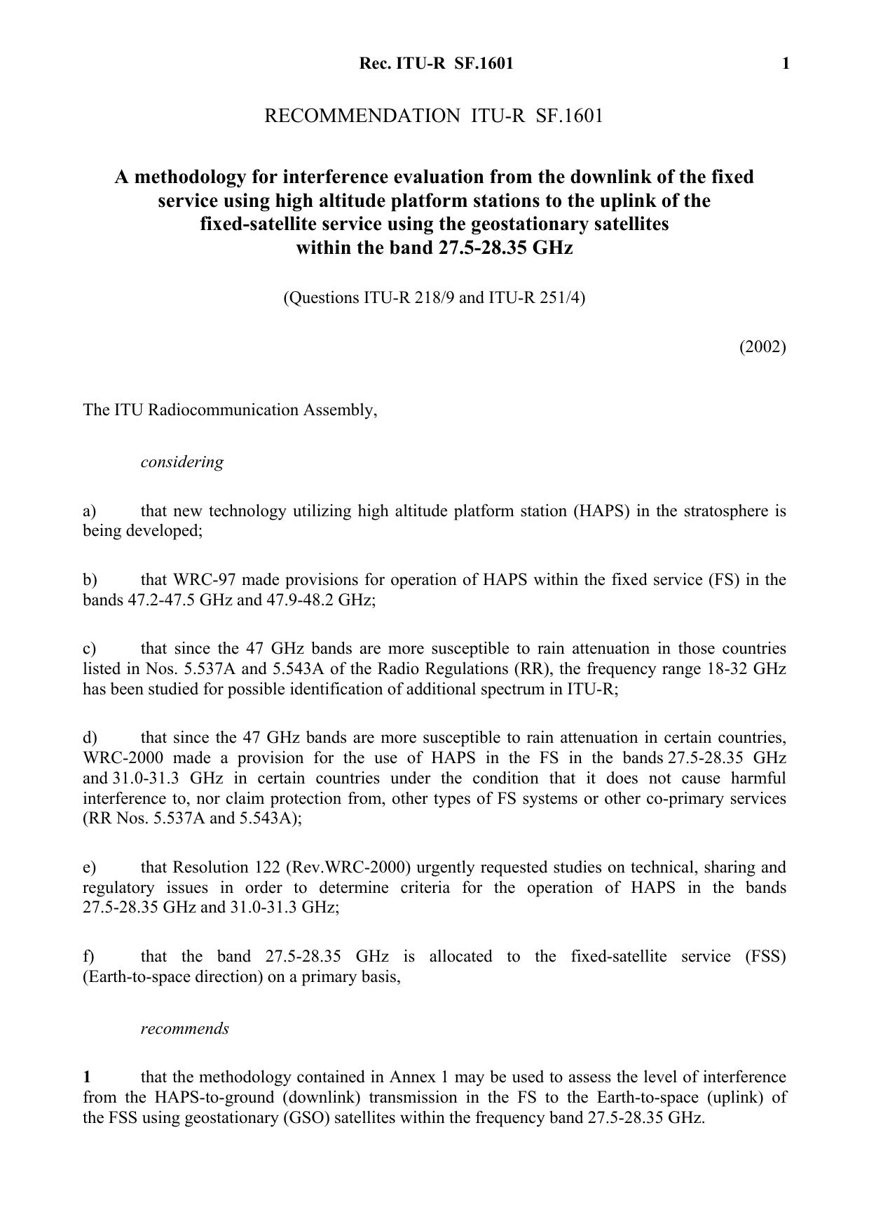 ITU-R RECOMMENDATION SF.1601 (02-2003) A methodology for interference evaluation from the downlink of the fixed service using high altitude platform stations to the uplink of the f by International Telecommunication Union