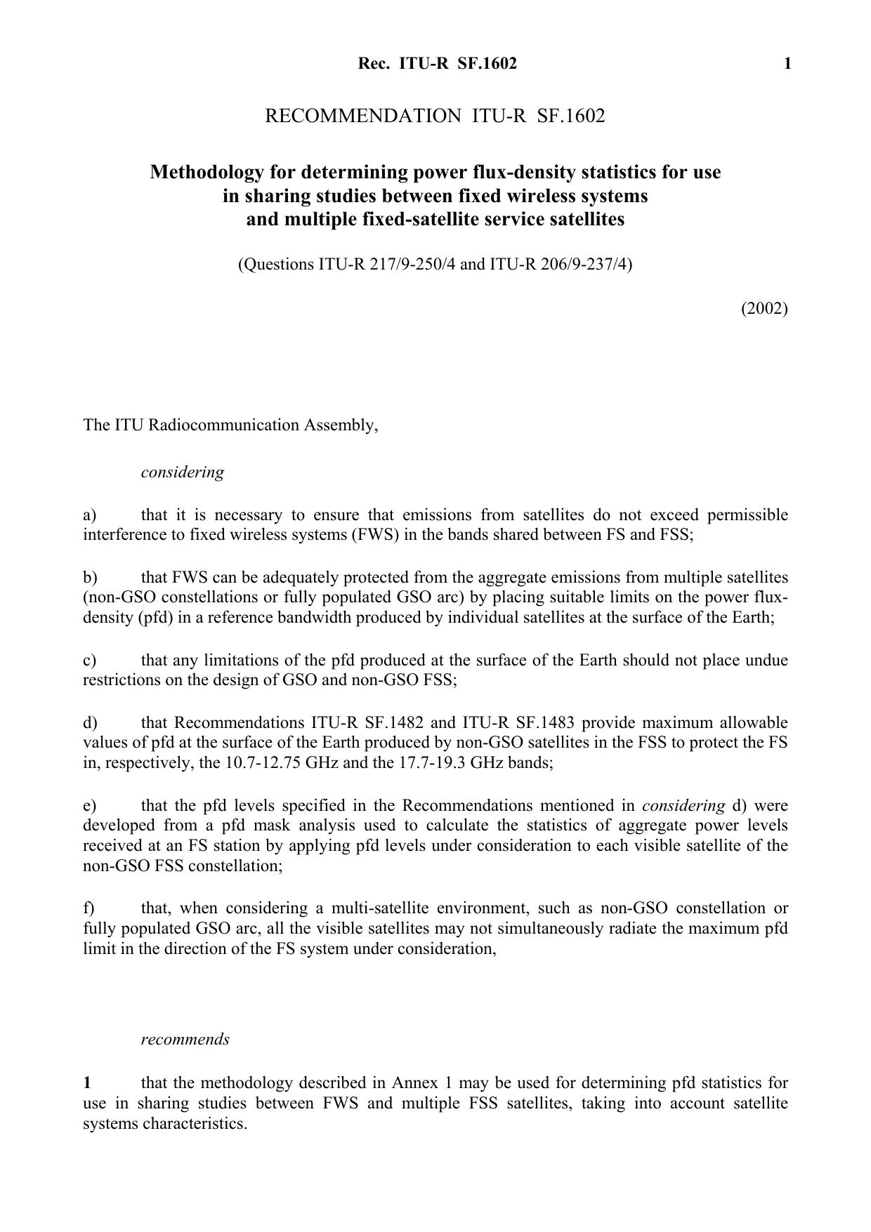 ITU-R RECOMMENDATION SF.1602 (02-2003) Methodology for determining power flux-density statistics for use in sharing studies between fixed wireless systems and multiple fixed-satell by International Telecommunication Union
