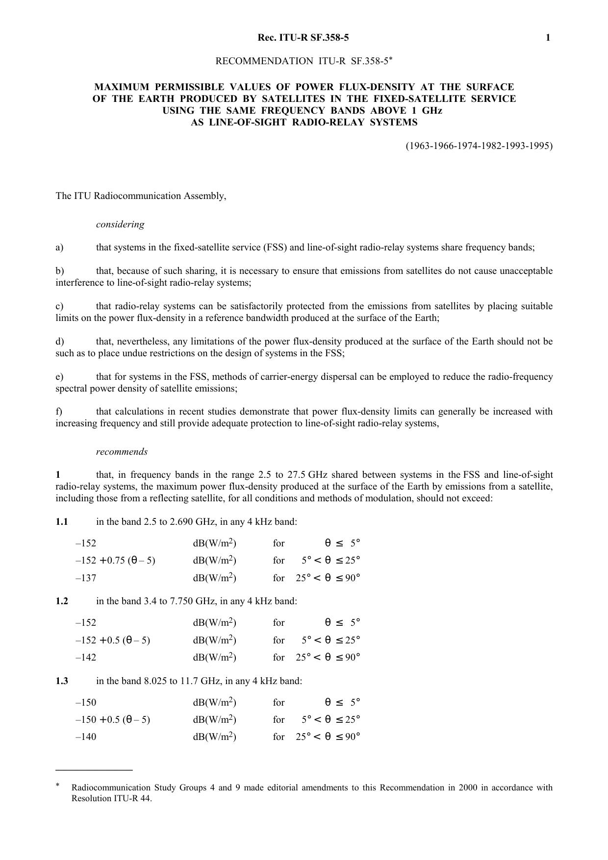 ITU-R RECOMMENDATION SF.358-5 (10-1995) Maximum permissible values of power flux-density at the surface of the Earth produced by satellites in the fixed-satellite service using the by International Telecommunication Union