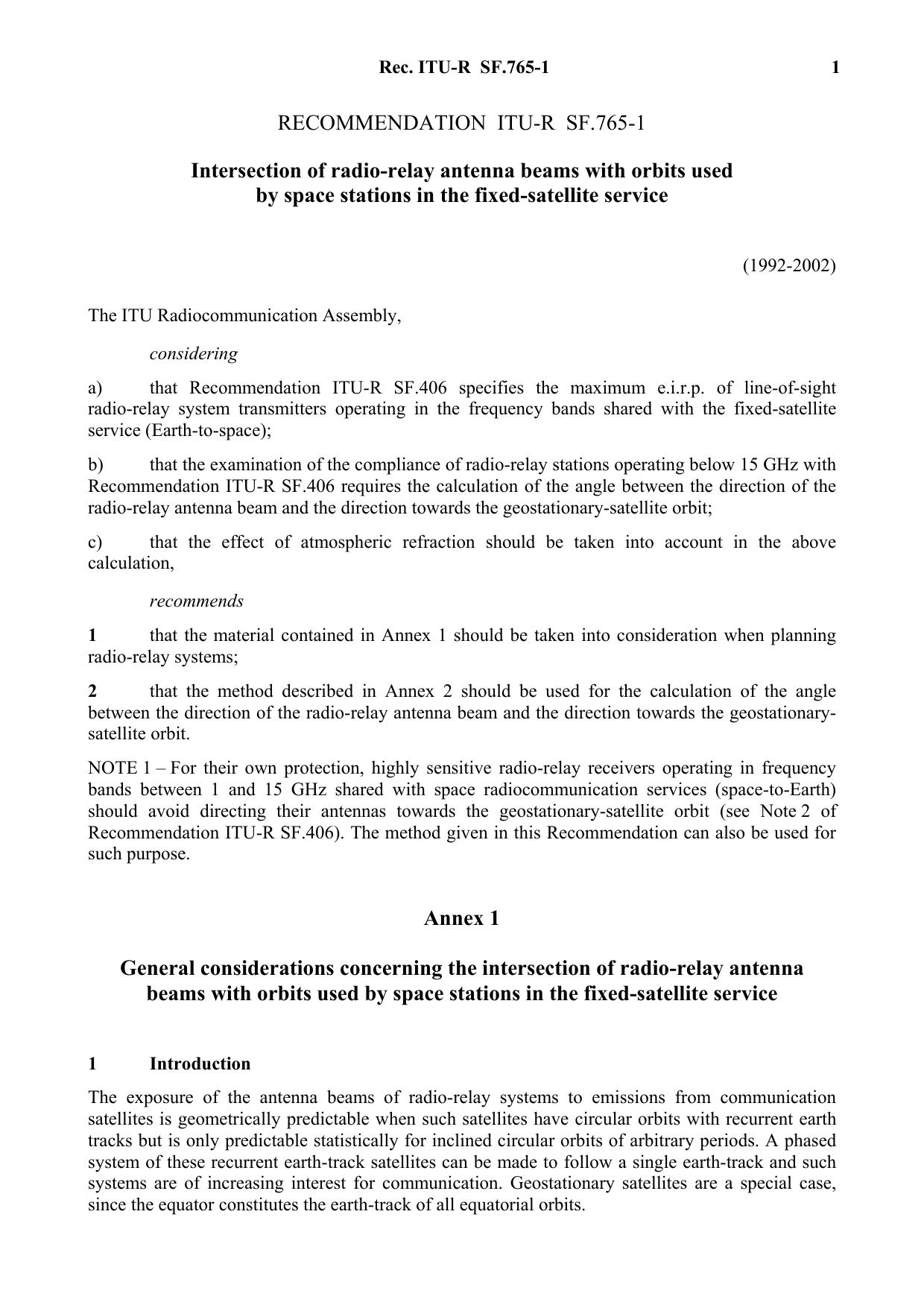 ITU-R RECOMMENDATION SF.765-1 (02-2003) Intersection of radio-relay antenna beams with orbits used by space stations in the fixed-satellite service by International Telecommunication Union