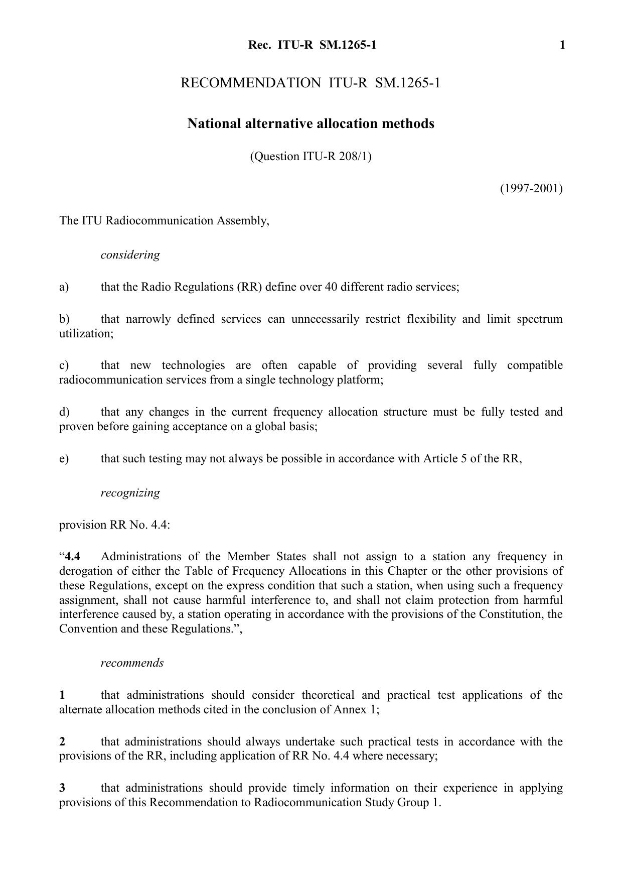 ITU-R RECOMMENDATION SM.1265-1 (07-2001) National alternative allocation methods by International Telecommunication Union