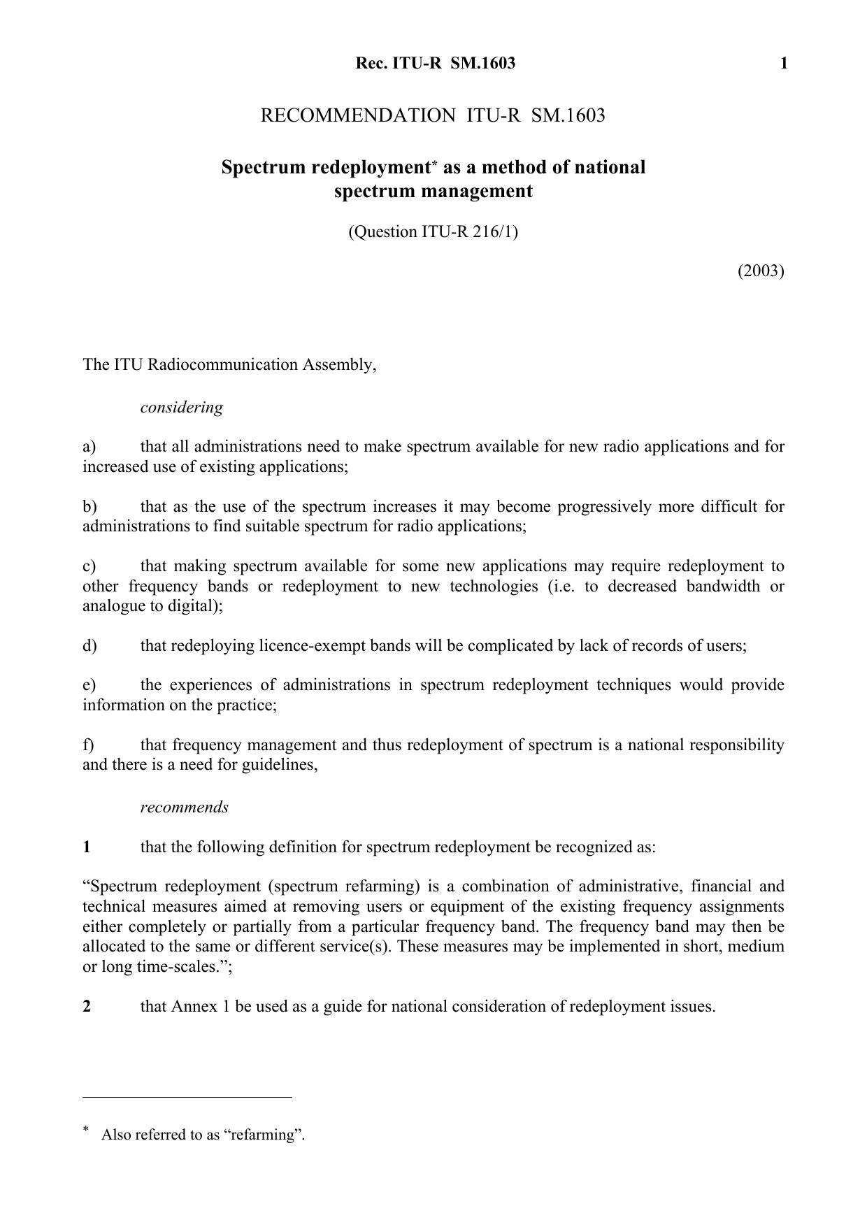 ITU-R RECOMMENDATION SM.1603 (02-2003) Spectrum redeployment as a method of national spectrum management by International Telecommunication Union
