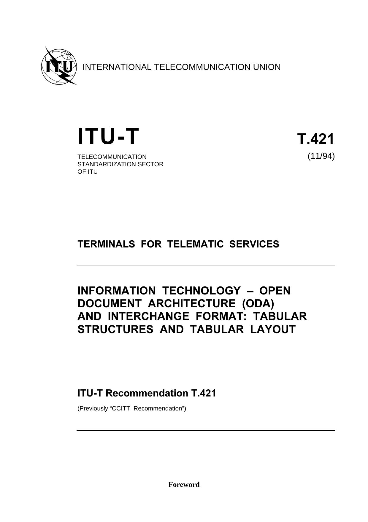 ITU-T Rec. T.421 (1194) Information technology - Open Document Architecture (ODA) and interchange format: Tabular structures and tabular layout by ISO