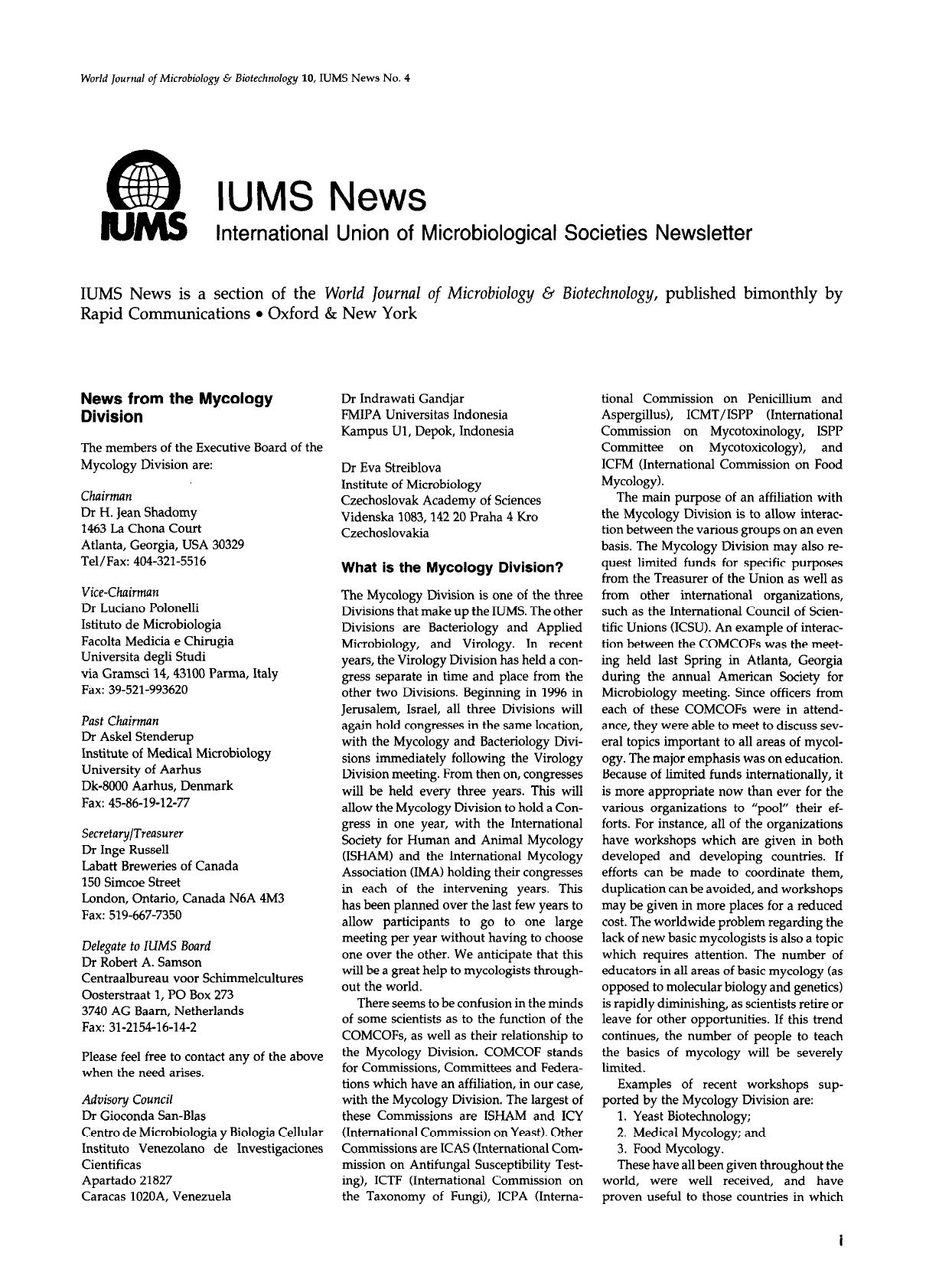 IUMS News International Union of Microbiological Societies Newsletter by Unknown