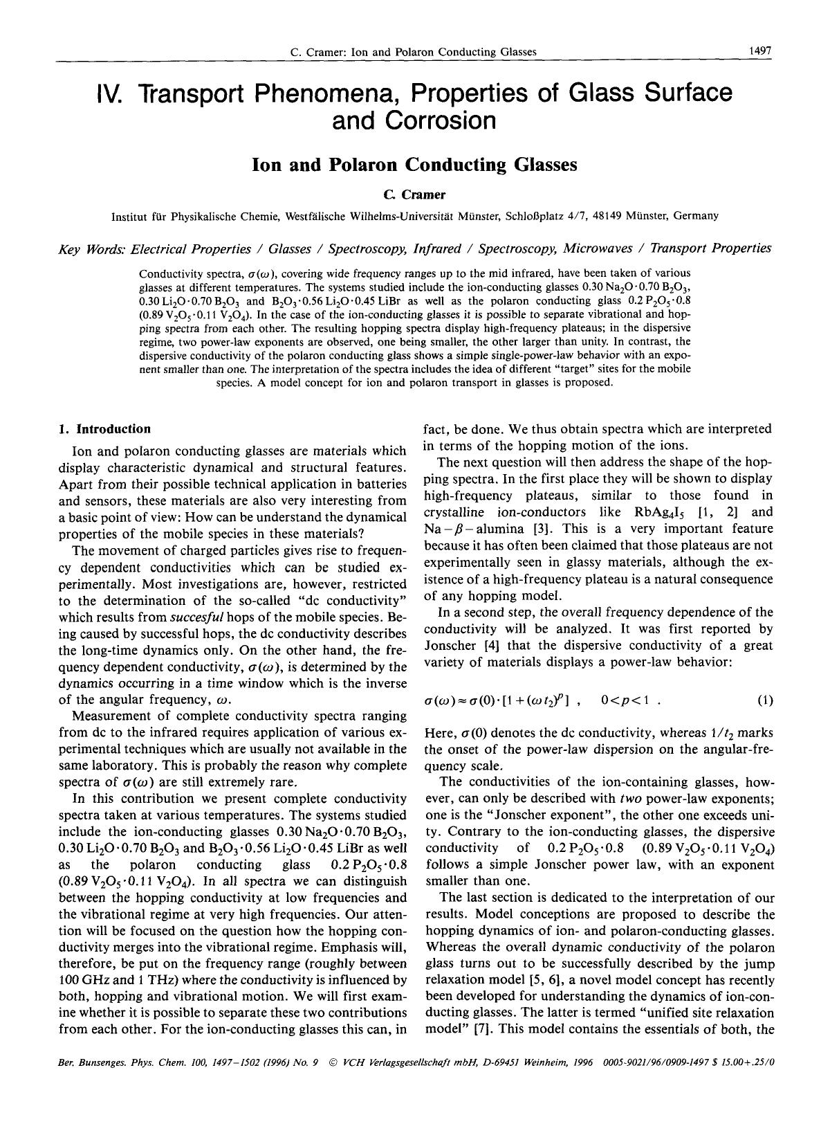 IV. Transport Phenomena, Properties of Glass Surface and Corrosion. Ion and polaron conducting glasses by Unknown
