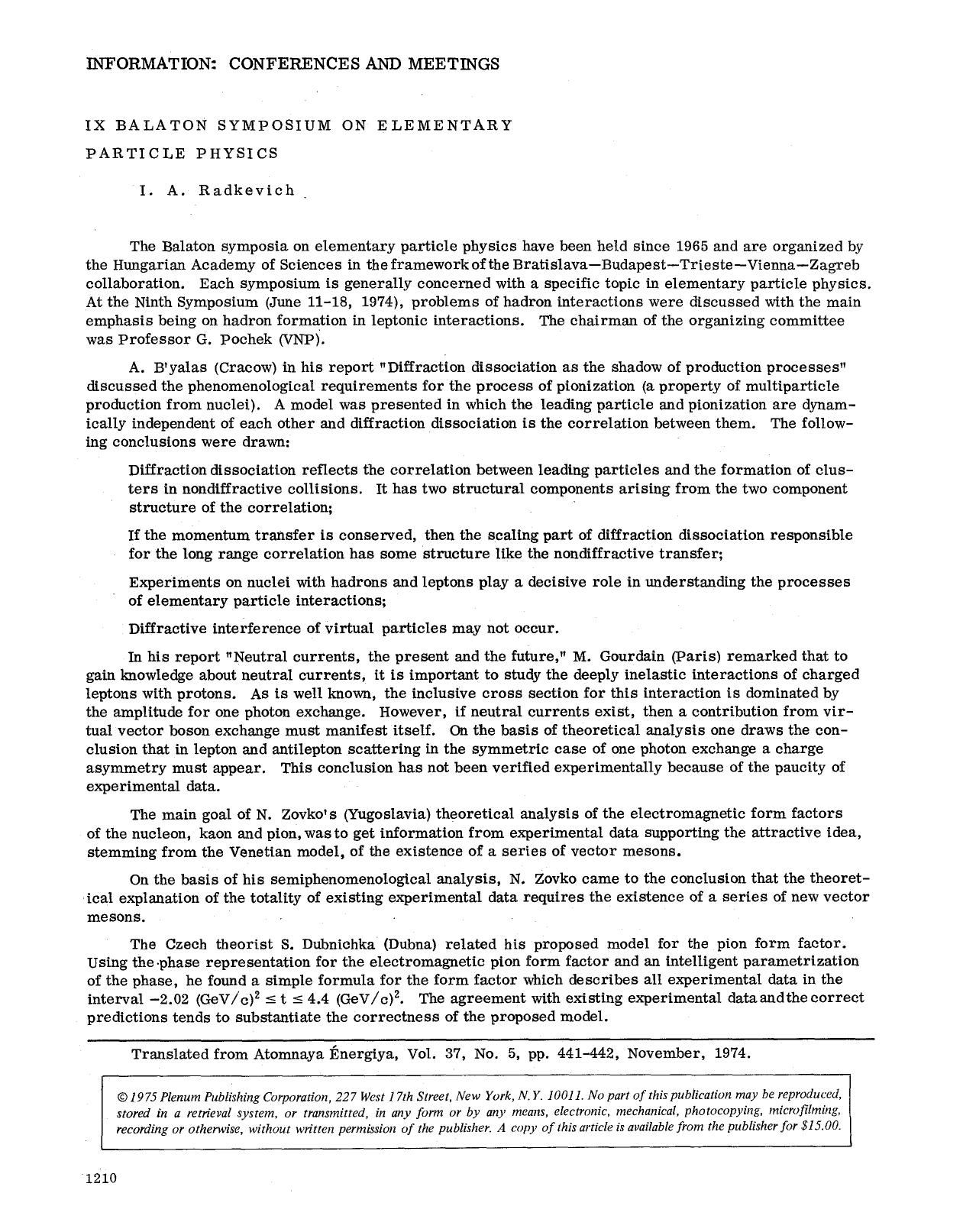 IX Balaton Symposium on Elementary Particle Physics by Unknown