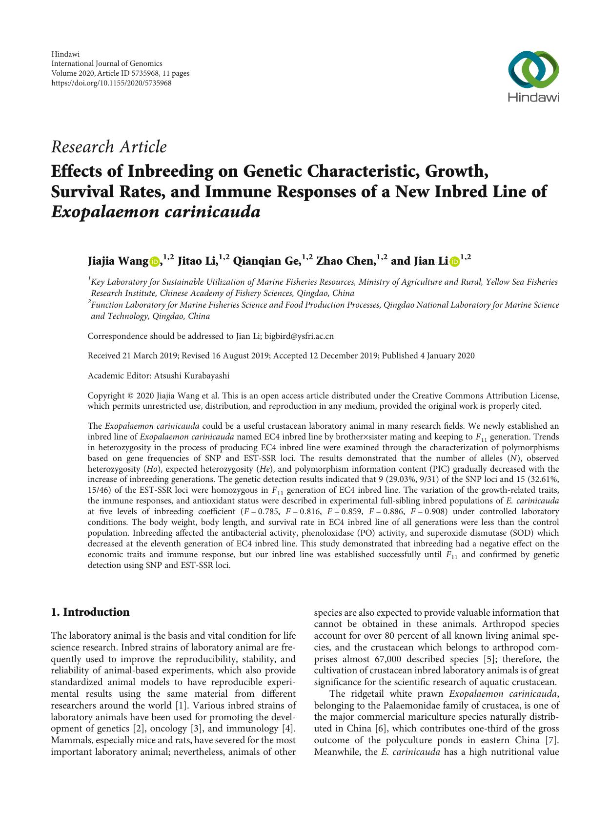 Ibl Effects of Inbreeding on Genetic Characteristic, Growth, Survival Rates, and Immune Responses of a New Inbred Line of Exopalaemon carinicauda by Unknown
