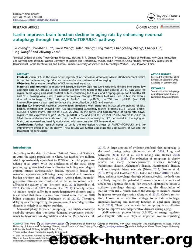 Icariin improves brain function decline in aging rats by enhancing neuronal autophagy through the AMPKmTORULK1 pathway by unknow