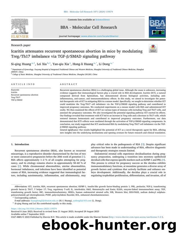 Icaritin attenuates recurrent spontaneous abortion in mice by modulating TregTh17 imbalance via TGF-Î²SMAD signaling pathway by Si-qing Huang & Lei Xia & Yan-qiu Xia & Hong-li Huang & Li Dong