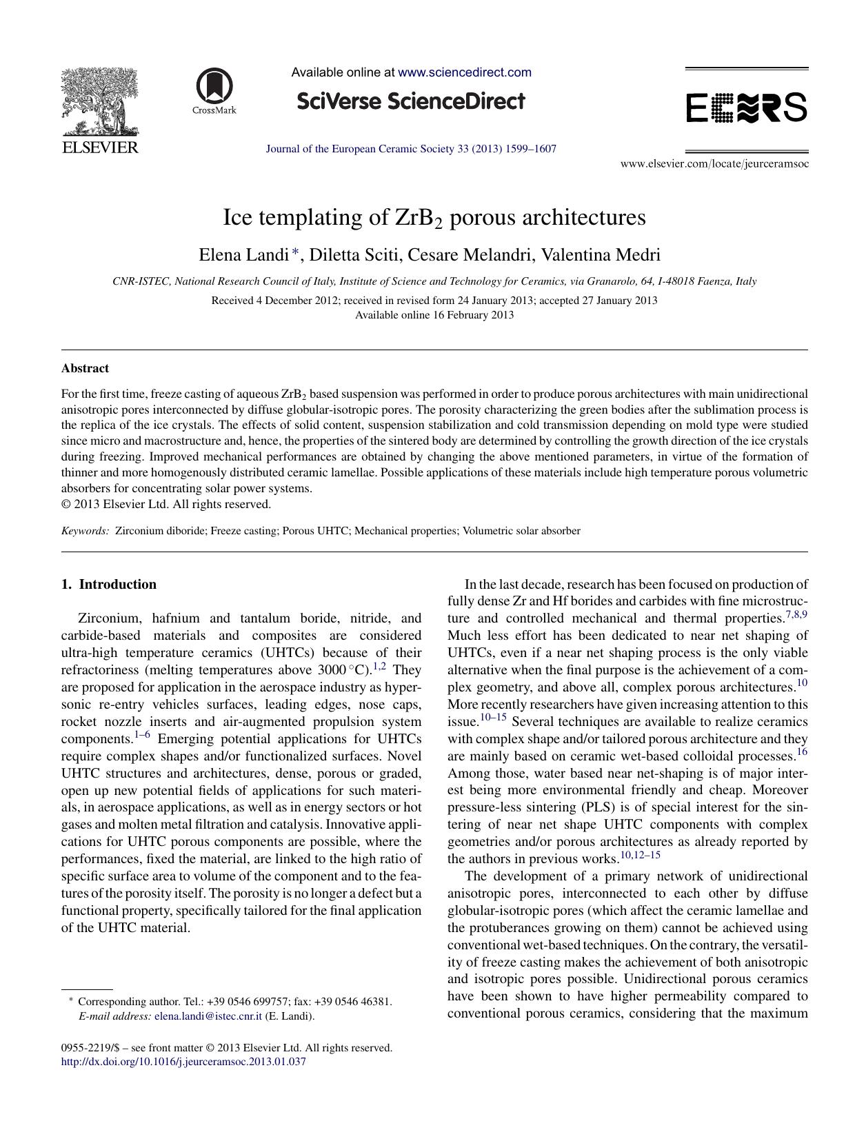 Ice templating of ZrB2 porous architectures by Elena Landi