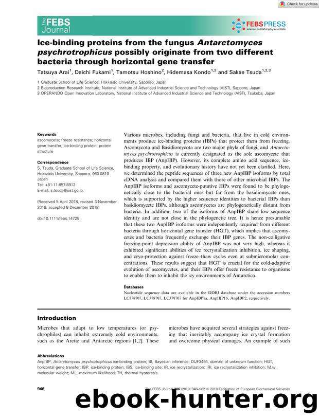 Iceâbinding proteins from the fungus Antarctomyces psychrotrophicus possibly originate from two different bacteria through horizontal gene transfer by Unknown