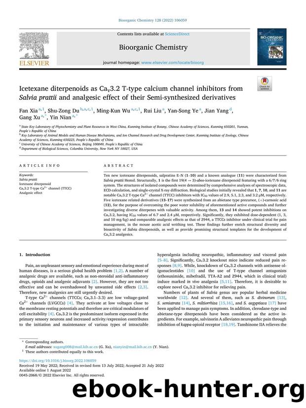 Icetexane diterpenoids as Cav3.2 T-type calcium channel inhibitors from Salvia prattii and analgesic effect of their Semi-synthesized derivatives by Fan Xia & Shu-Zong Du & Ming-Kun Wu & Rui Liu & Yan-Song Ye & Jian Yang & Gang Xu & Yin Nian