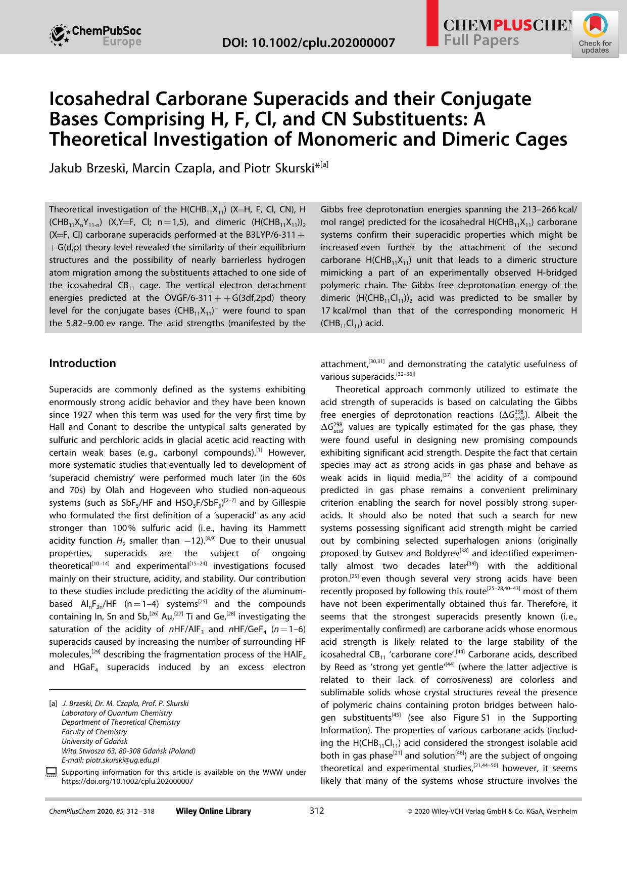 Icosahedral Carborane Superacids and their Conjugate Bases Comprising H, F, Cl, and CN Substituents: A Theoretical Investigation of Monomeric and Dimeric Cages by Unknown