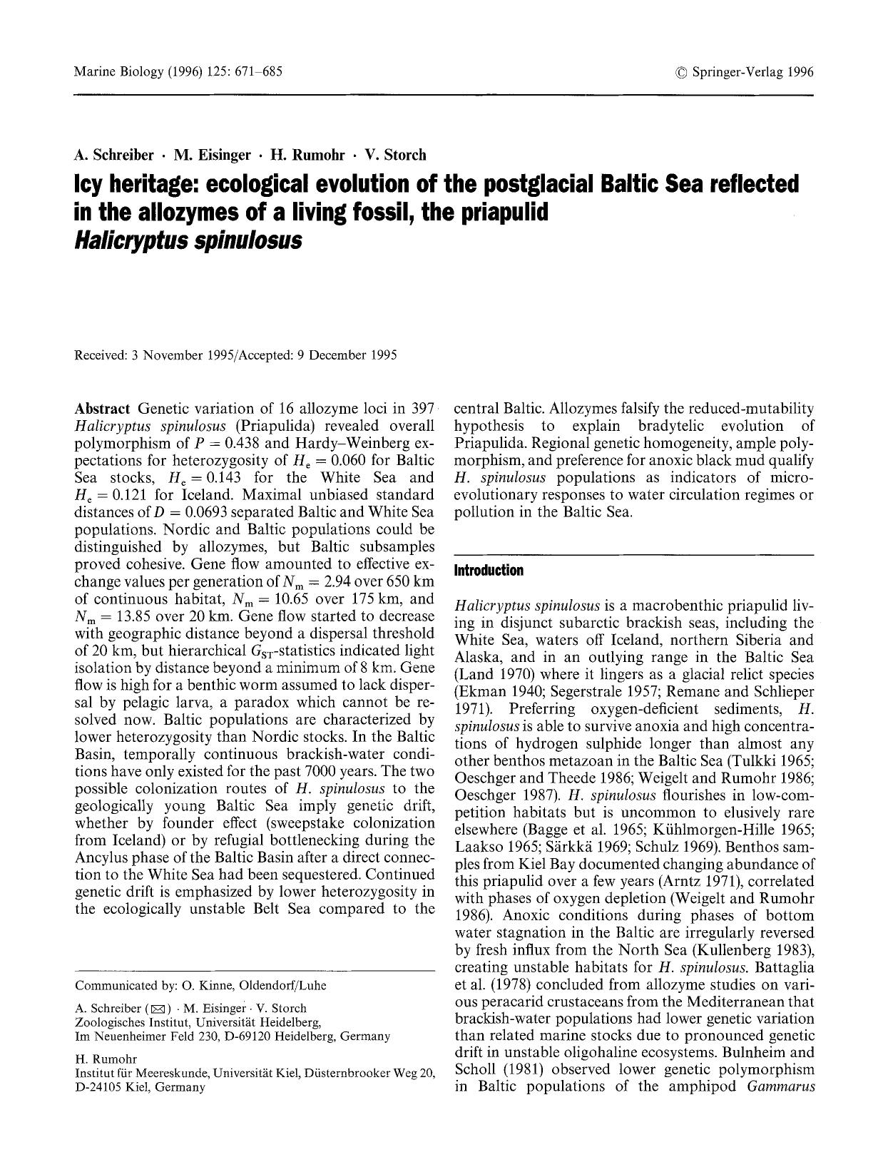 Icy heritage: ecological evolution of the postglacial Baltic Sea reflected in the allozymes of a living fossil, the priapulid <Emphasis Type="Italic">Halicryptus spinulosus<Emphasis> by Unknown