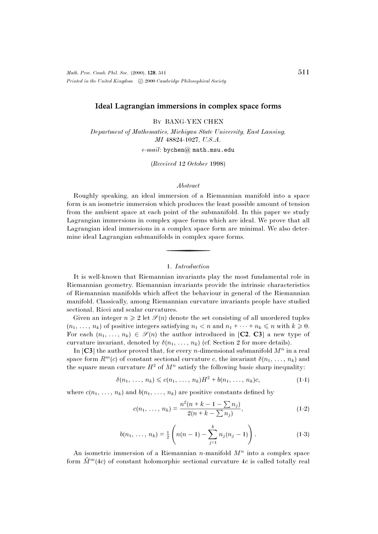 Ideal Lagrangian immersions in complex space forms by BANG-YEN CHEN