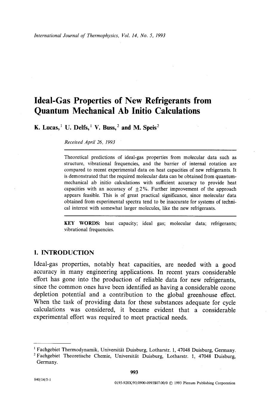 Ideal-gas properties of new refrigerants from quantum mechanical ab initio calculations by Unknown