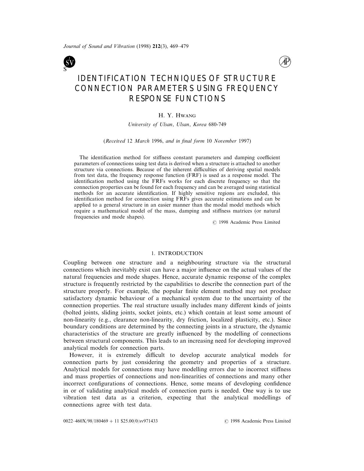 Identification Techniques of Structure Connection Parameters Using Frequency Response Functions by Hwang H. Y