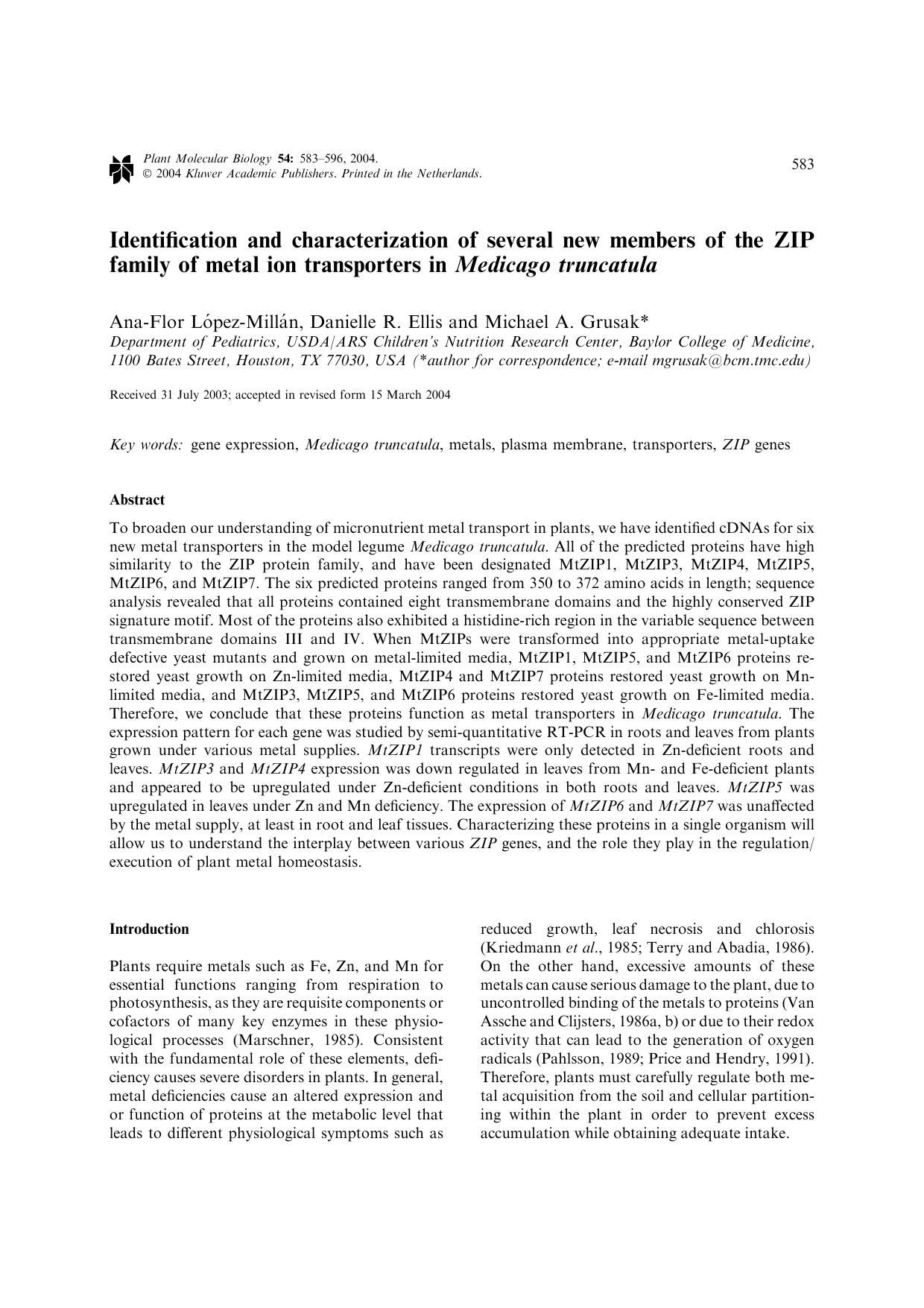 Identification and Characterization of Several New Members of the ZIP Family of Metal Ion Transporters in <Emphasis Type="Italic">Medicago Truncatula<Emphasis> by Unknown