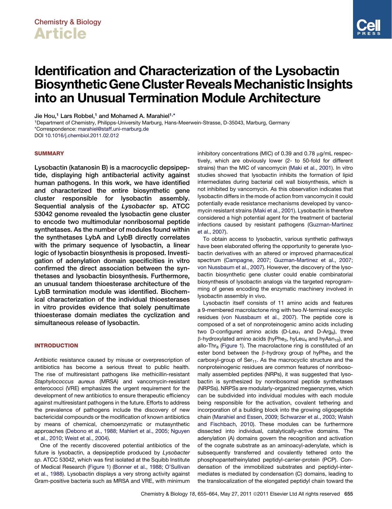Identification and Characterization of the Lysobactin Biosynthetic Gene Cluster Reveals Mechanistic Insights into an Unusual Termination Module Architecture by Jie Hou & Lars Robbel & Mohamed A. Marahiel