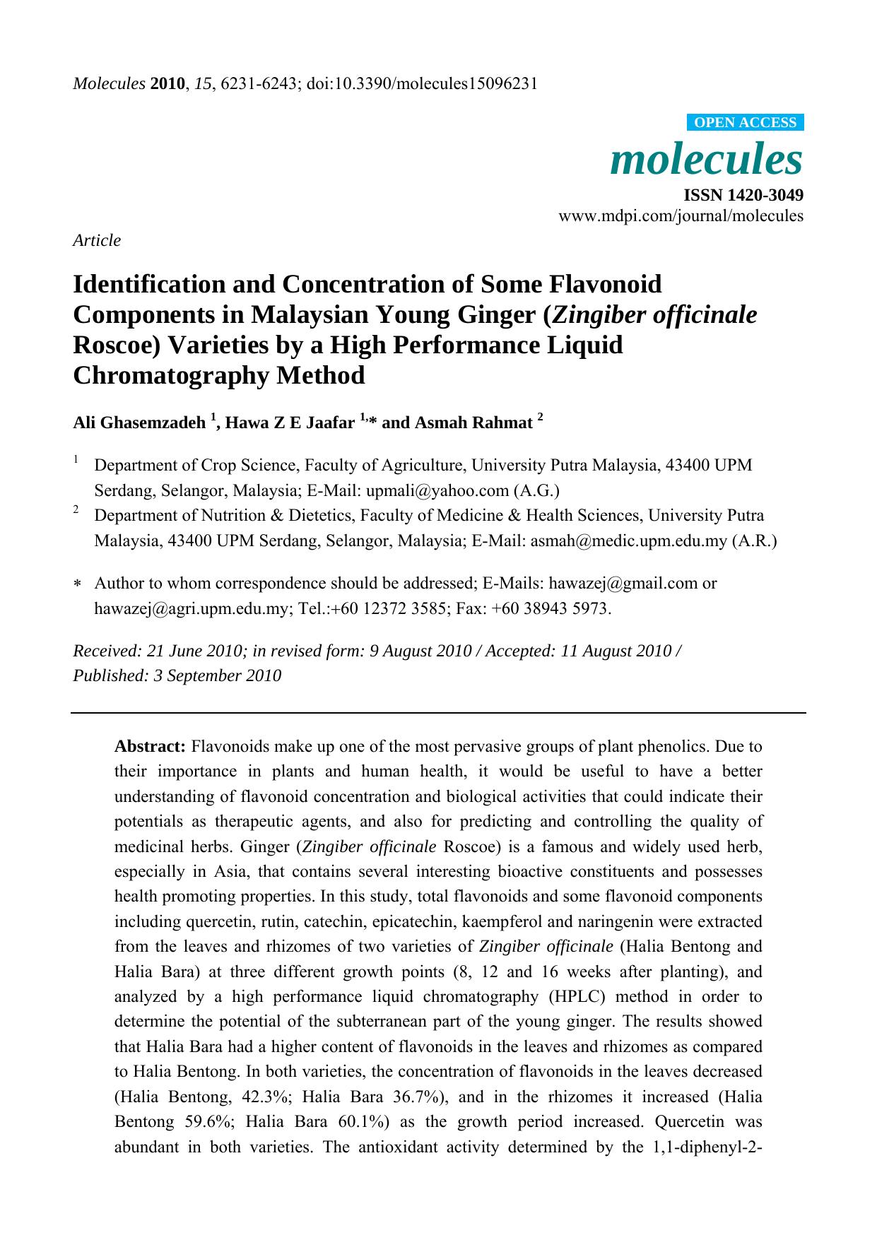 Identification and Concentration of Some Flavonoid Components in Malaysian Young Ginger (Zingiber officinale Roscoe) Varieties by a High Performance Liquid Chromatography Method by Ali Ghasemzadeh & Hawa Z E Jaafar & Asmah Rahmat