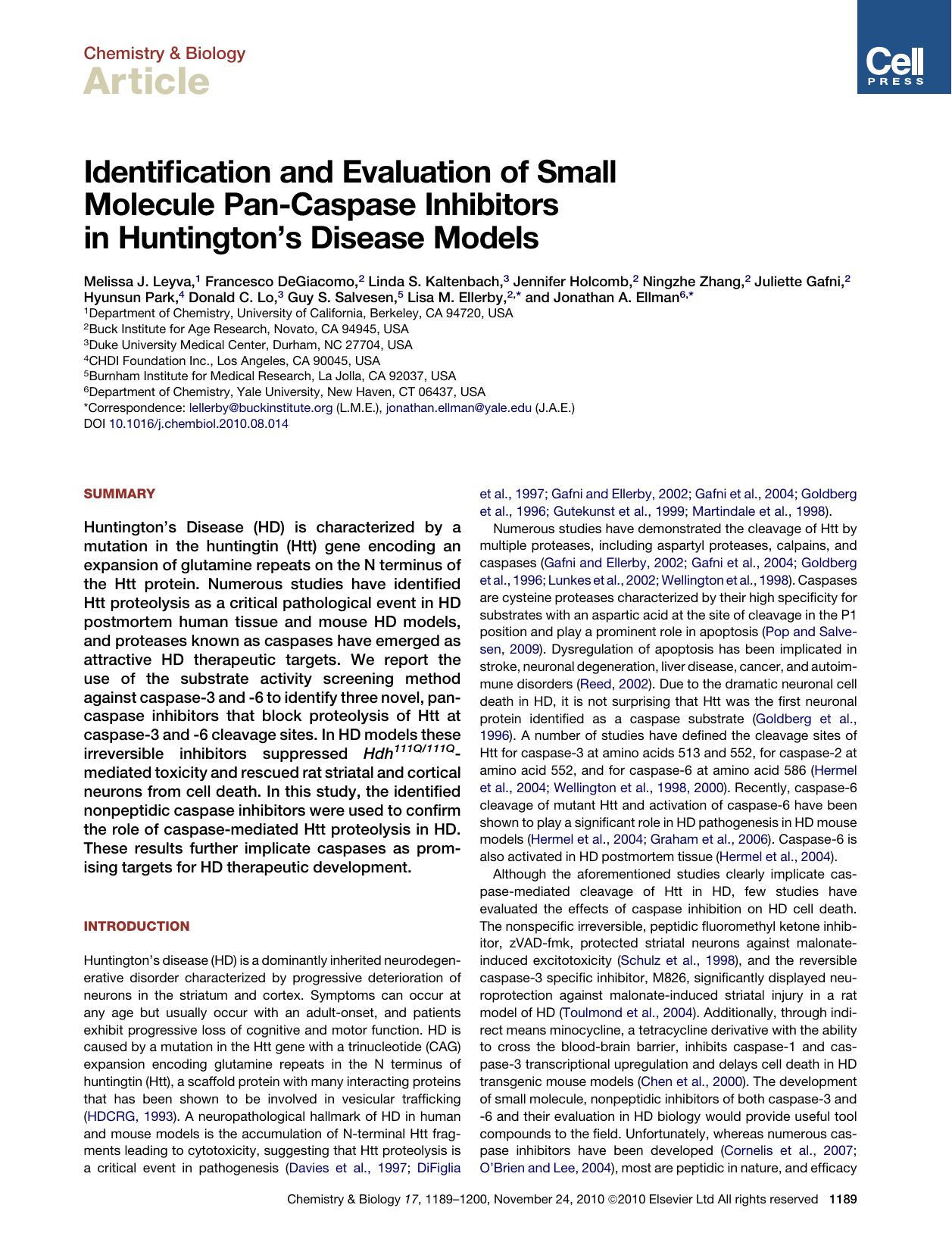 Identification and Evaluation of Small Molecule Pan-Caspase Inhibitors in Huntington's Disease Models by unknow
