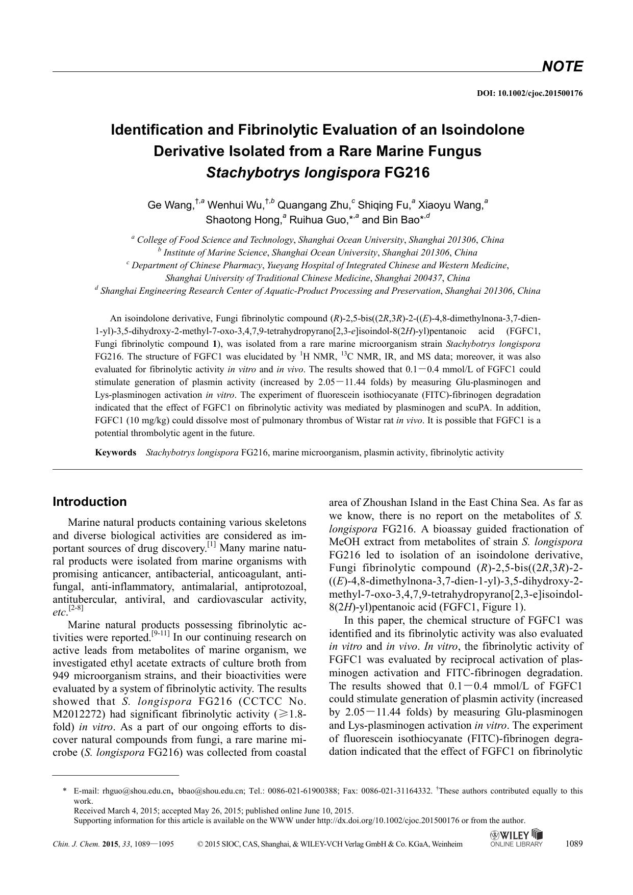 Identification and Fibrinolytic Evaluation of an Isoindolone Derivative Isolated from a Rare Marine Fungus Stachybotrys longispora FG216 by lenovo